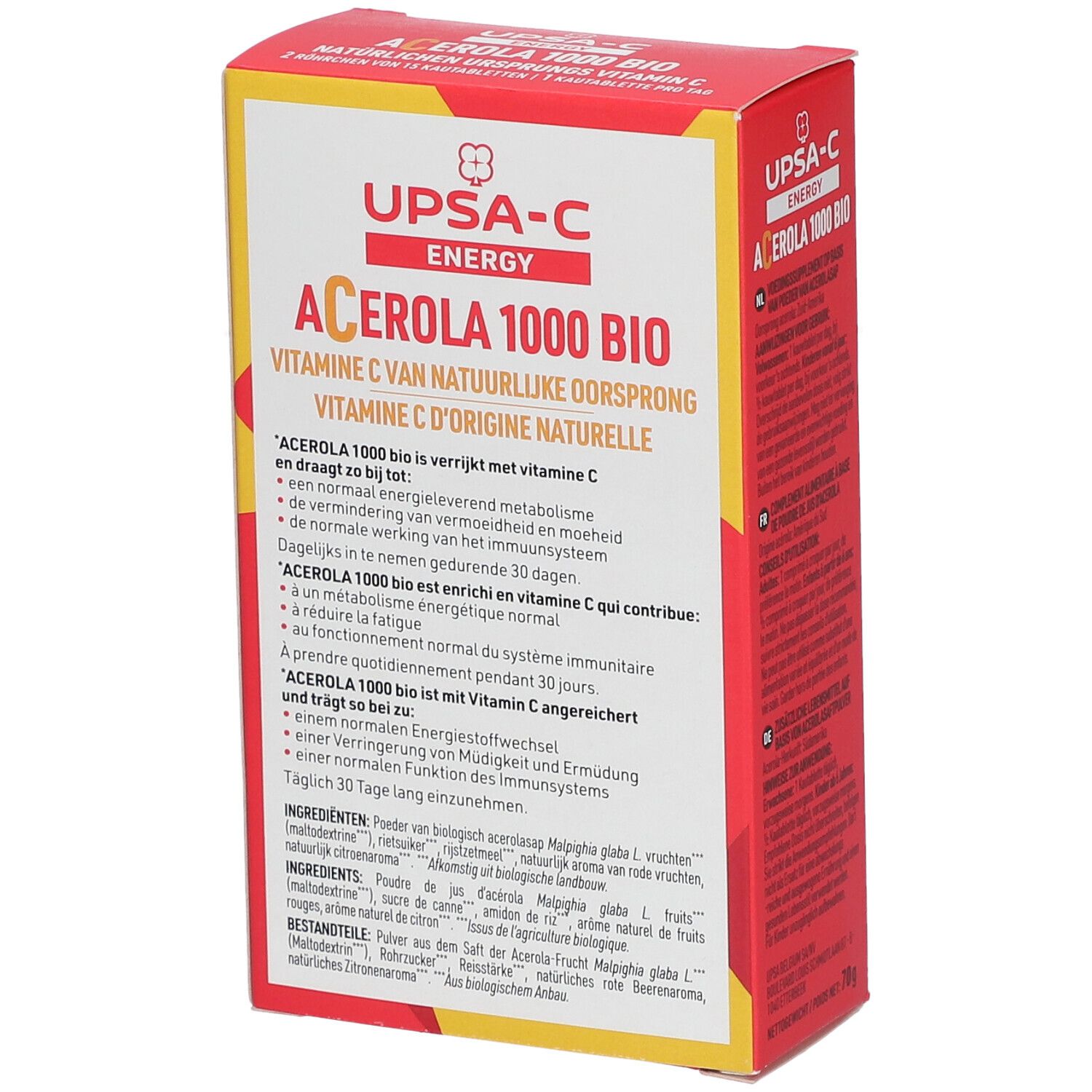 Rote und gelbe Schachtel, Rückseite. Produktinformationen und Inhaltsstoffe. Enthält 30 Kautabletten. Bio-Zertifizierung.