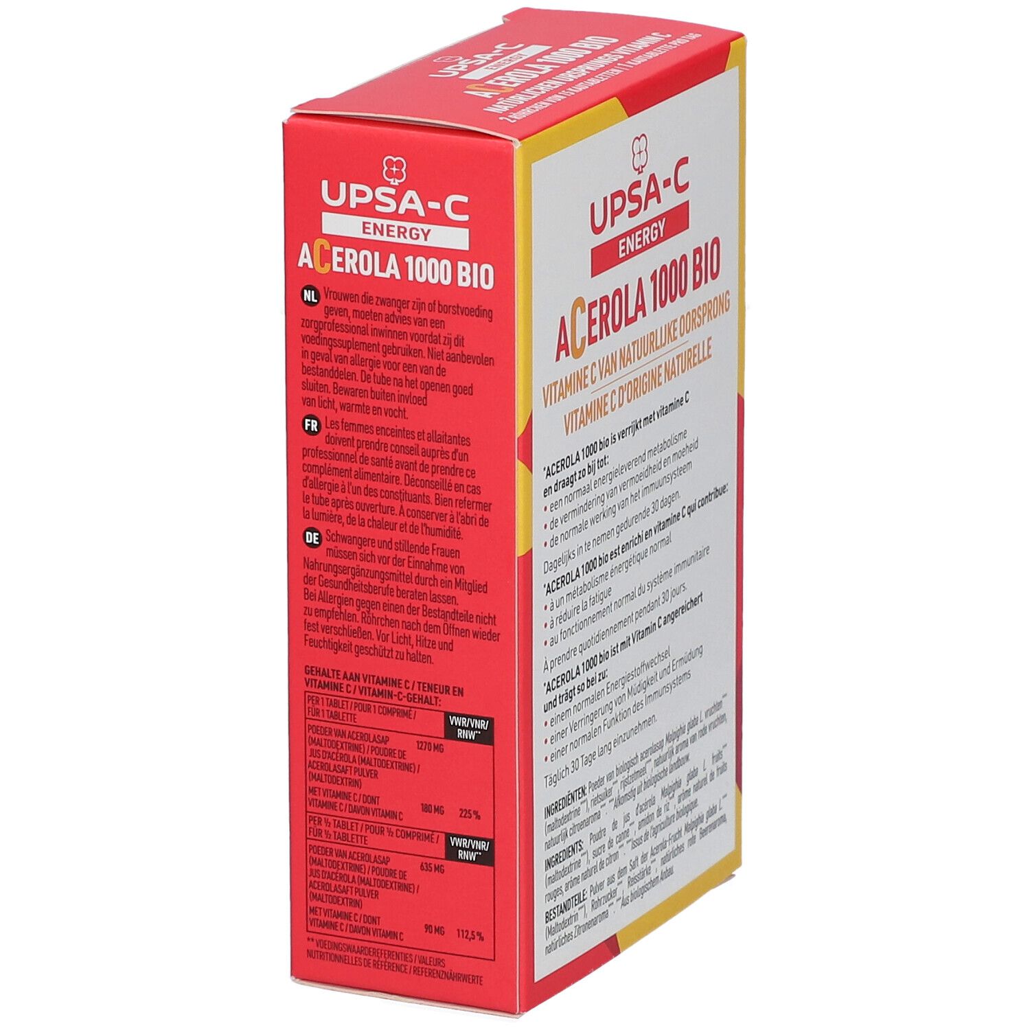 Rote und gelbe Schachtel, Seitenansicht. Produktname und Informationen. Enthält 30 Kautabletten. Bio-Zertifizierung.