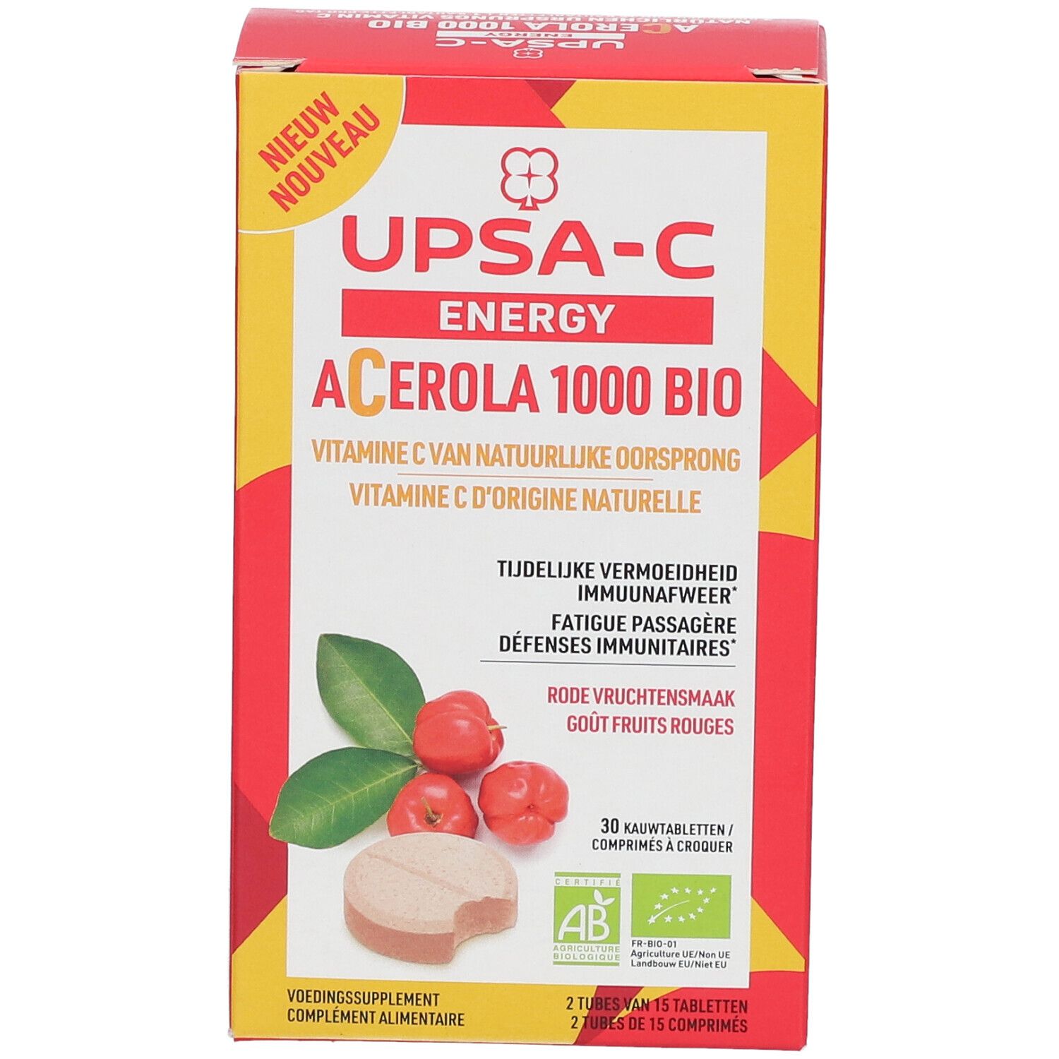 Rote und gelbe Schachtel mit Produktnamen und Acerola-Abbildung. Enthält 30 Kautabletten. Bio-Zertifizierung.