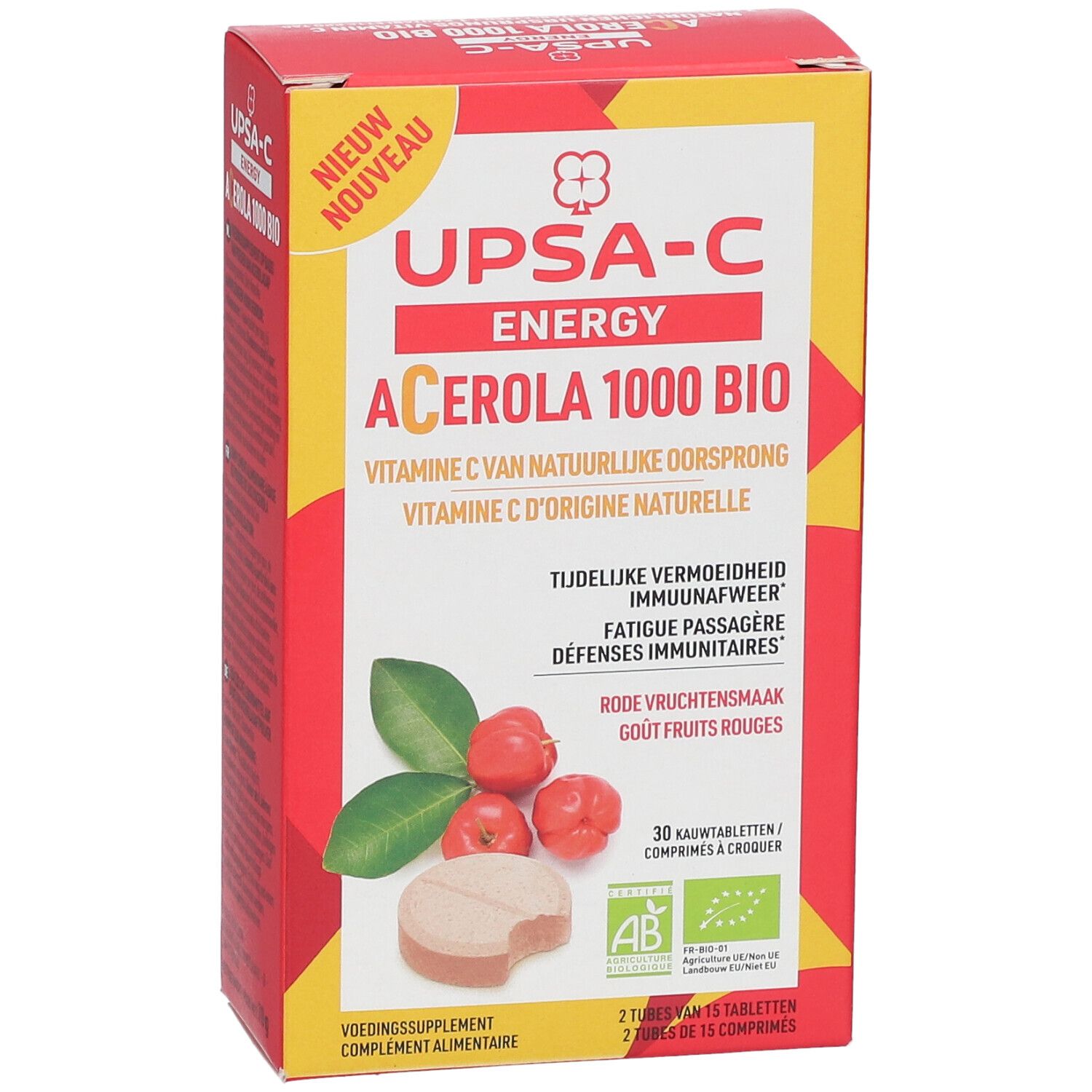 Rote und gelbe Schachtel mit Produktnamen und Acerola-Abbildung. Enthält 30 Kautabletten. Bio-Zertifizierung.