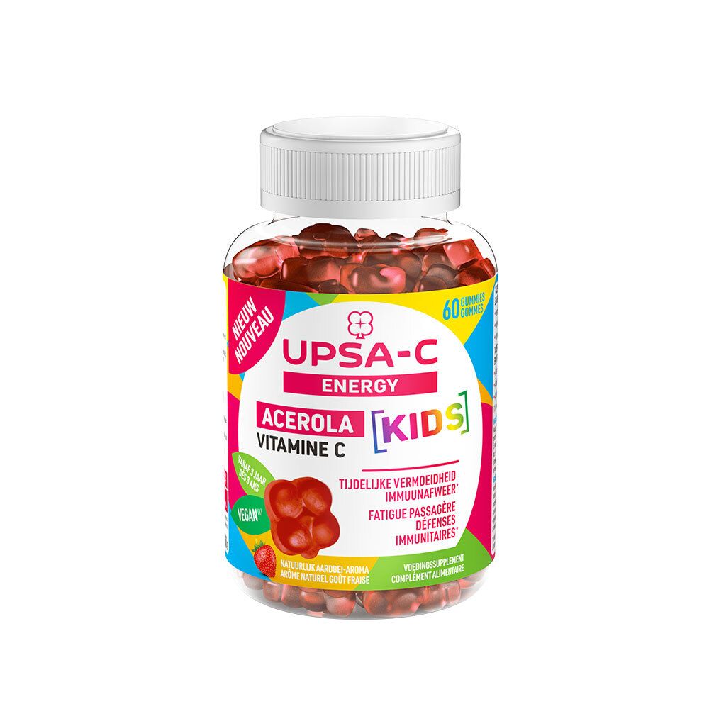 Transparente Flasche mit roten Gummibärchen. Aufschrift UPSA-C Energy Acerola Vitamin C Kids. 60 Gummies. Vegan.
