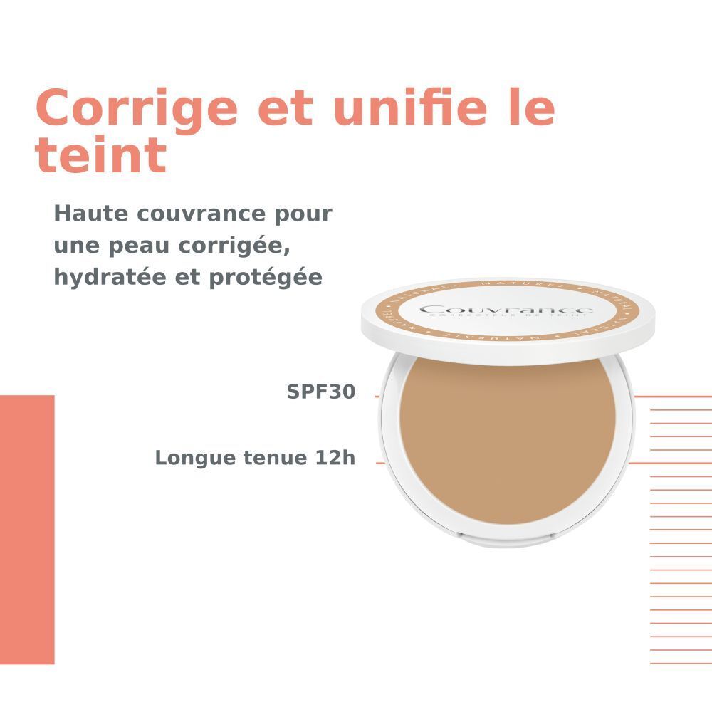 Fond de teint compact crème ouvert. Boîtier rond blanc avec maquillage brun. Couvercle avec nom et teinte.