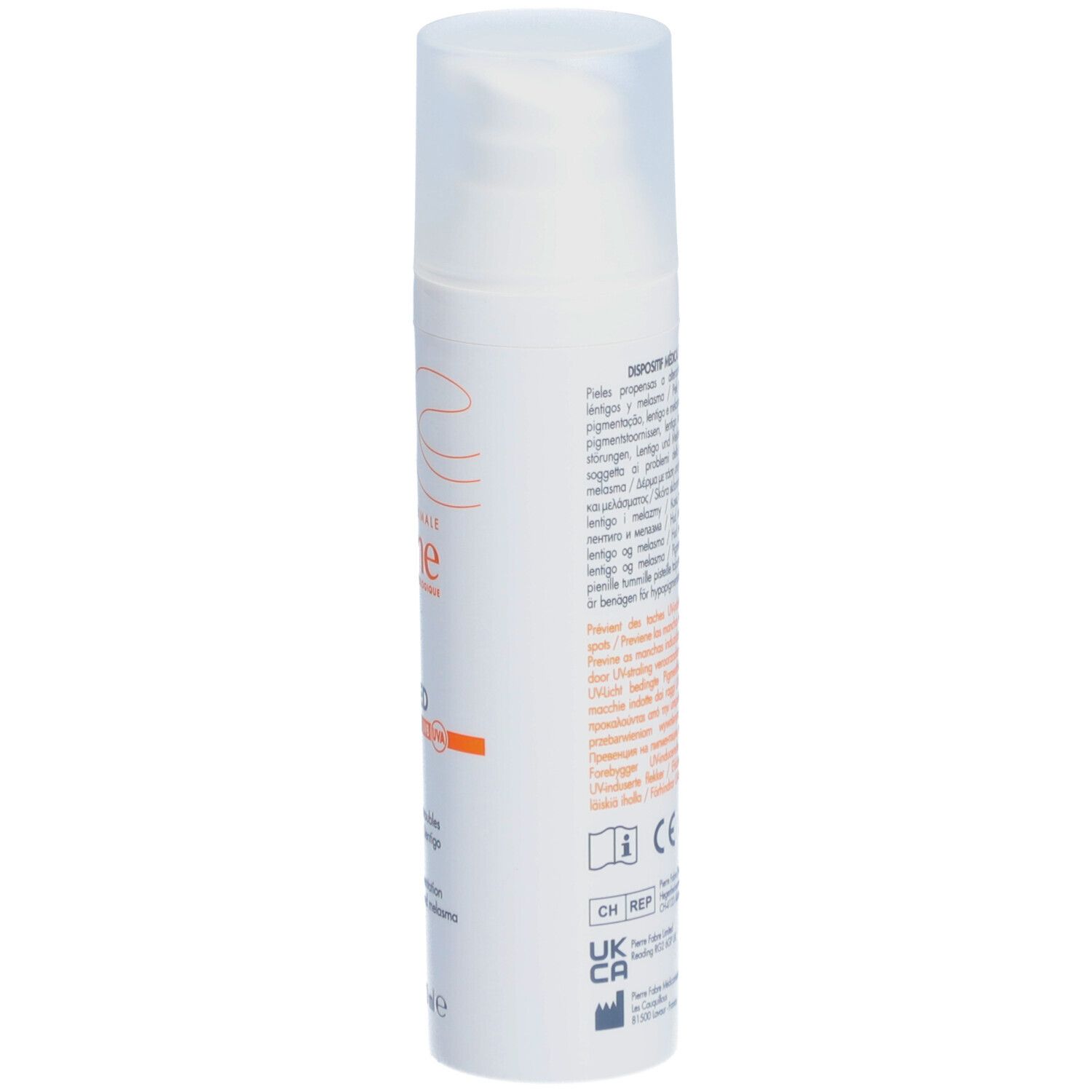 Witte fles met pomp. Opschrift: Avène. Franse tekst. Symbolen en certificeringen.