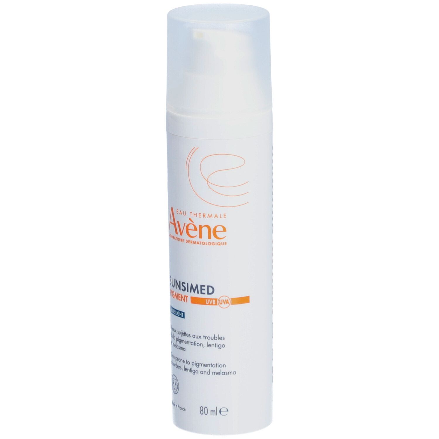 Witte fles met pomp. Opschrift: Avène, SUNSIMED PIGMENT, SPF 50+. Voor huid met pigmentstoornissen.