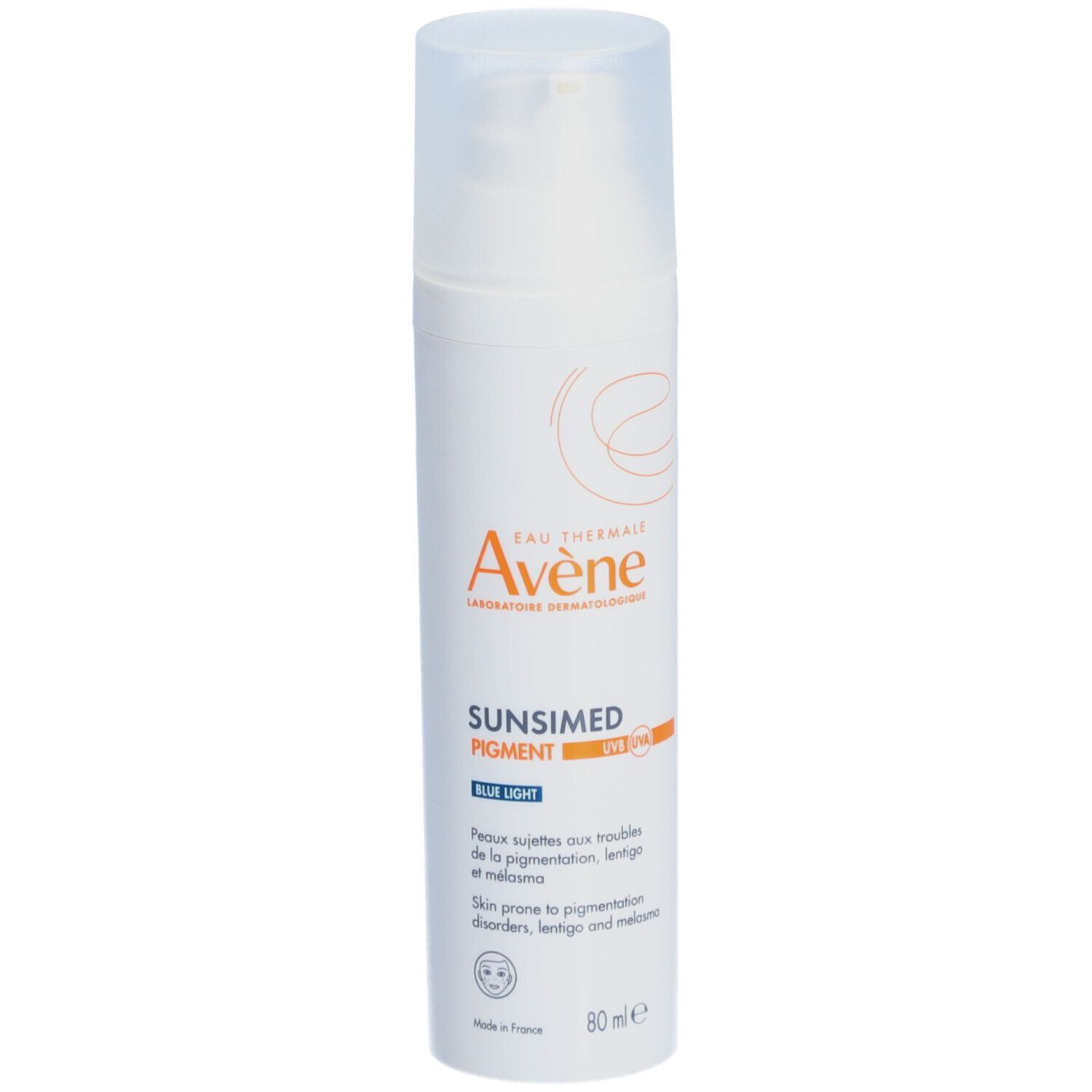 Witte fles met pomp. Opschrift: Avène, SUNSIMED PIGMENT, SPF 50+. Voor huid met pigmentstoornissen.
