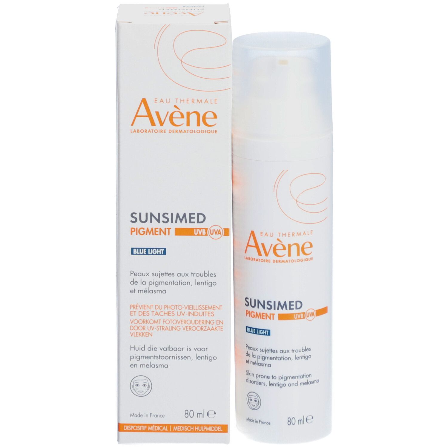 Verpakking en fles. Opschrift: Avène, SUNSIMED PIGMENT, SPF 50+. Voor huid met pigmentstoornissen.