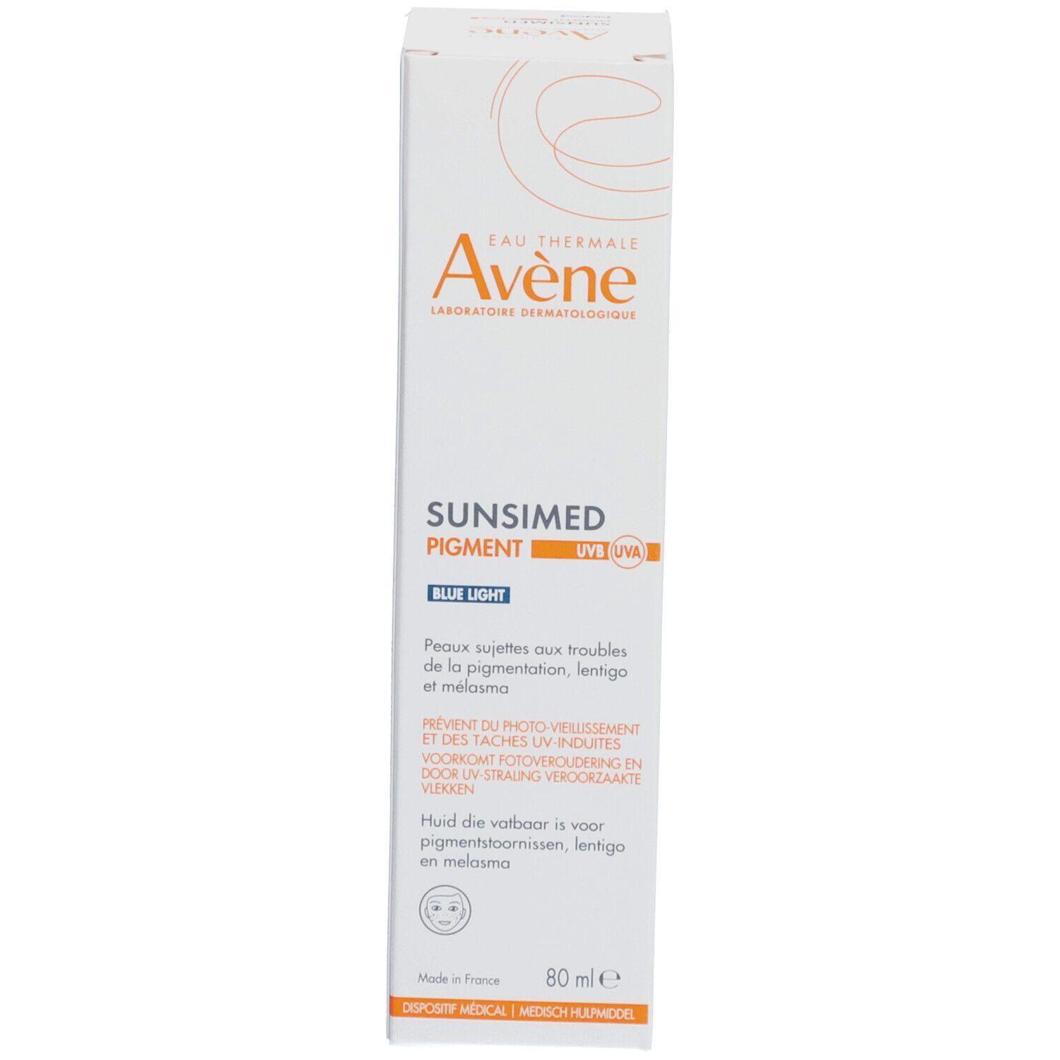 Verpakking. Opschrift: Avène, SUNSIMED PIGMENT, SPF 50+. Voor huid met pigmentstoornissen. Meertalige tekst.