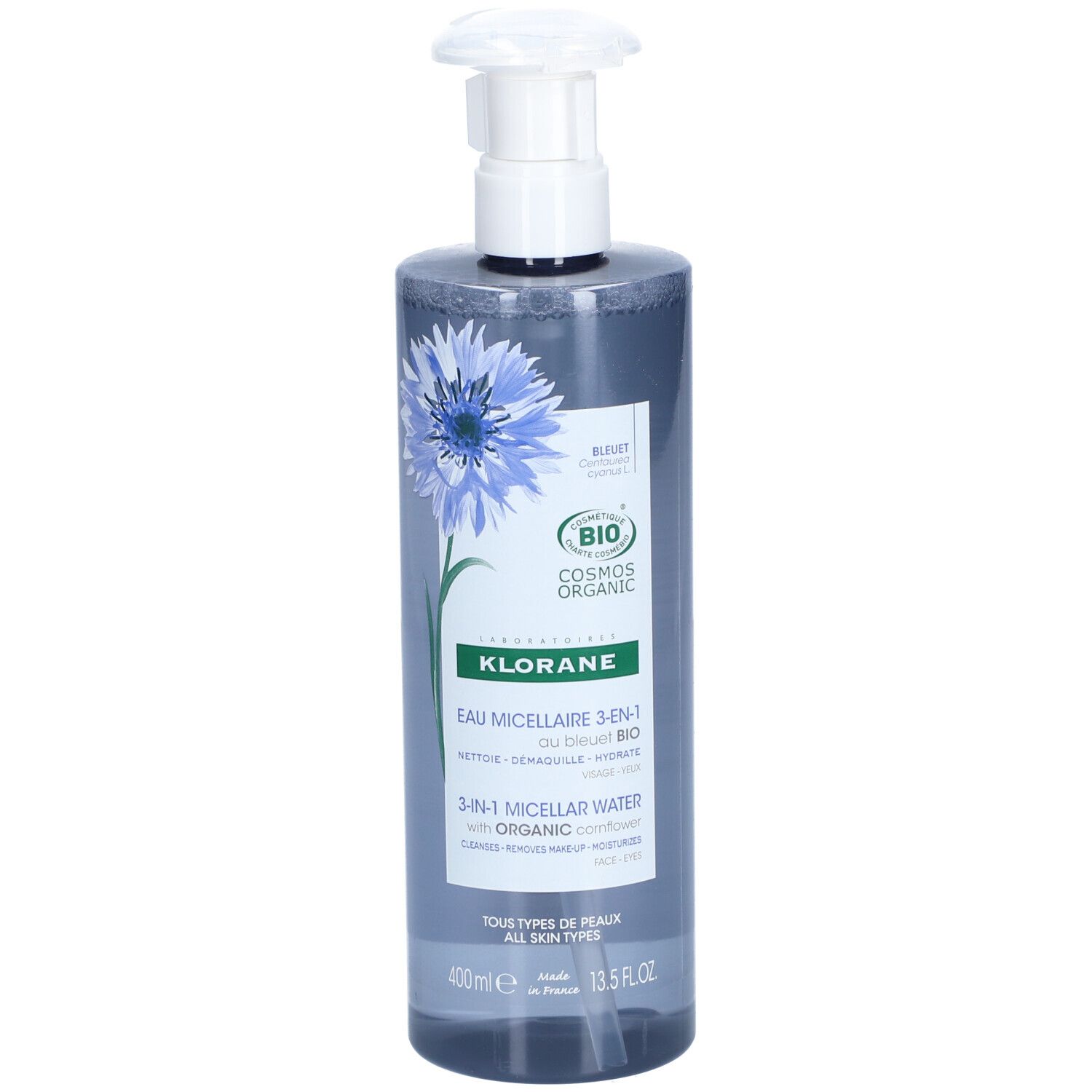 Klorane Eau Micellaire 3-en-1. Flacon avec pompe. Liquide bleu, décor de bleuet.