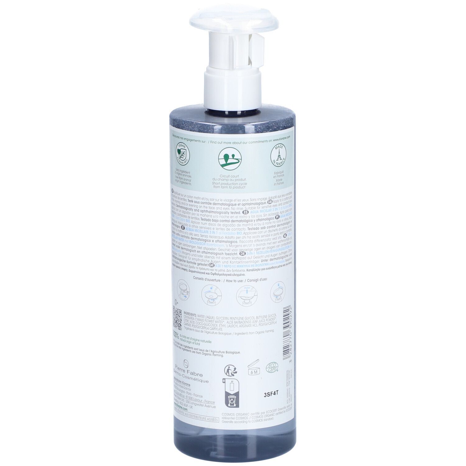 Klorane Eau Micellaire 3-en-1. Dos avec texte et logos. Flacon avec pompe.