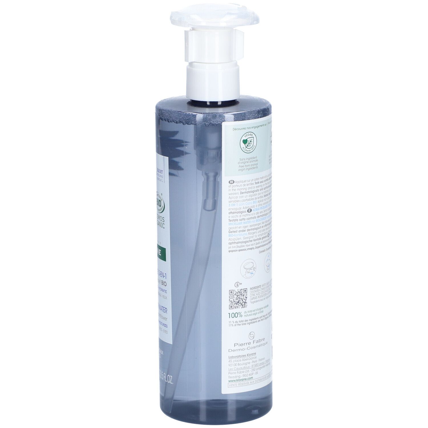 Klorane Eau Micellaire 3-en-1. Dos avec texte et logos. Flacon avec pompe.