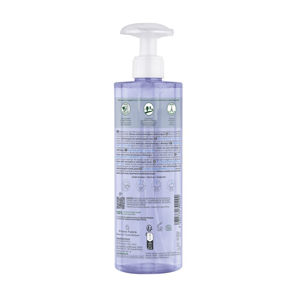 Klorane Eau Micellaire 3-en-1. Dos avec texte et logos. Flacon avec pompe.
