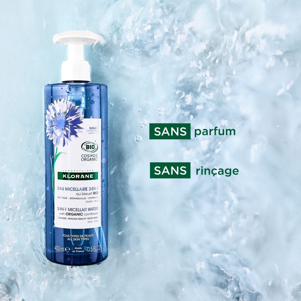 Klorane Eau Micellaire 3-en-1. Produit dans l'eau. Texte : Sans parfum, sans rinçage.