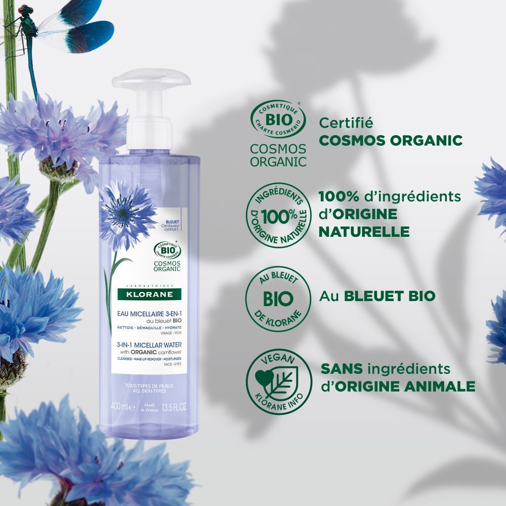 Klorane Eau Micellaire 3-en-1. Produit dans l'eau. Logos et texte.