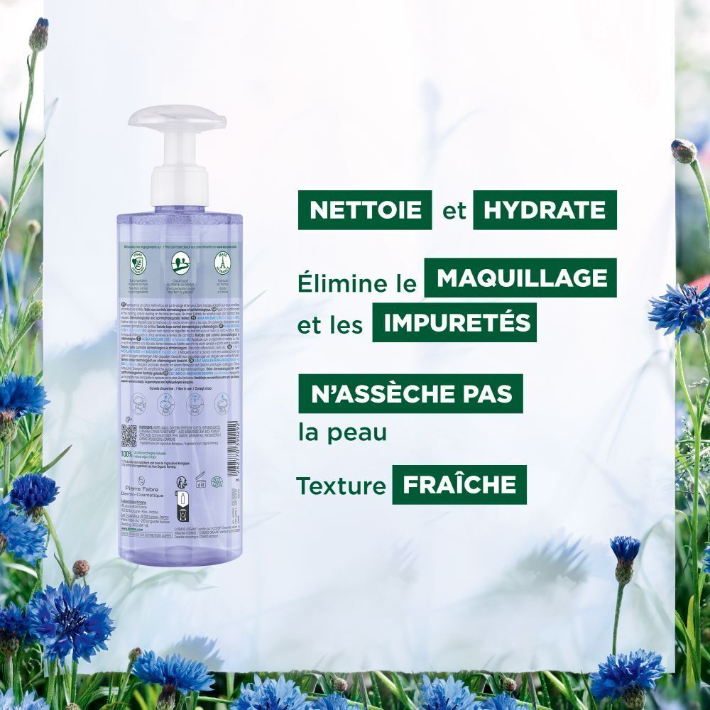 Klorane Eau Micellaire 3-en-1. Texte : Nettoie et hydrate, élimine le maquillage.