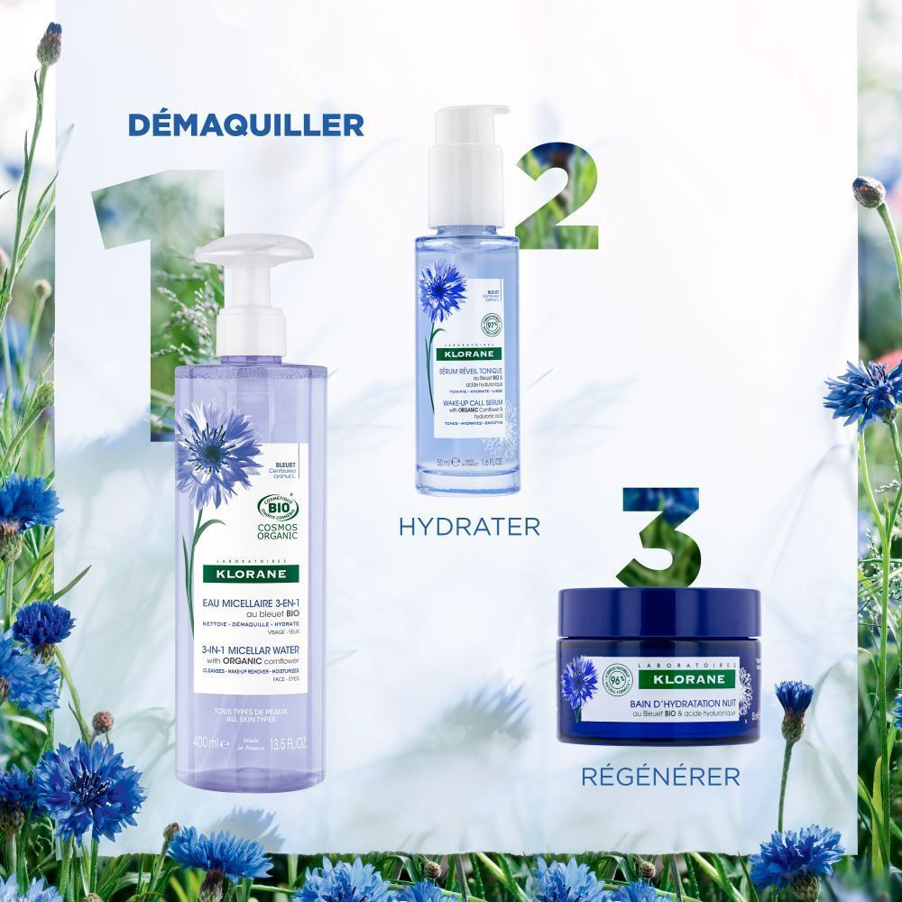 Klorane Eau Micellaire 3-en-1. 3 produits : eau micellaire, sérum, crème.