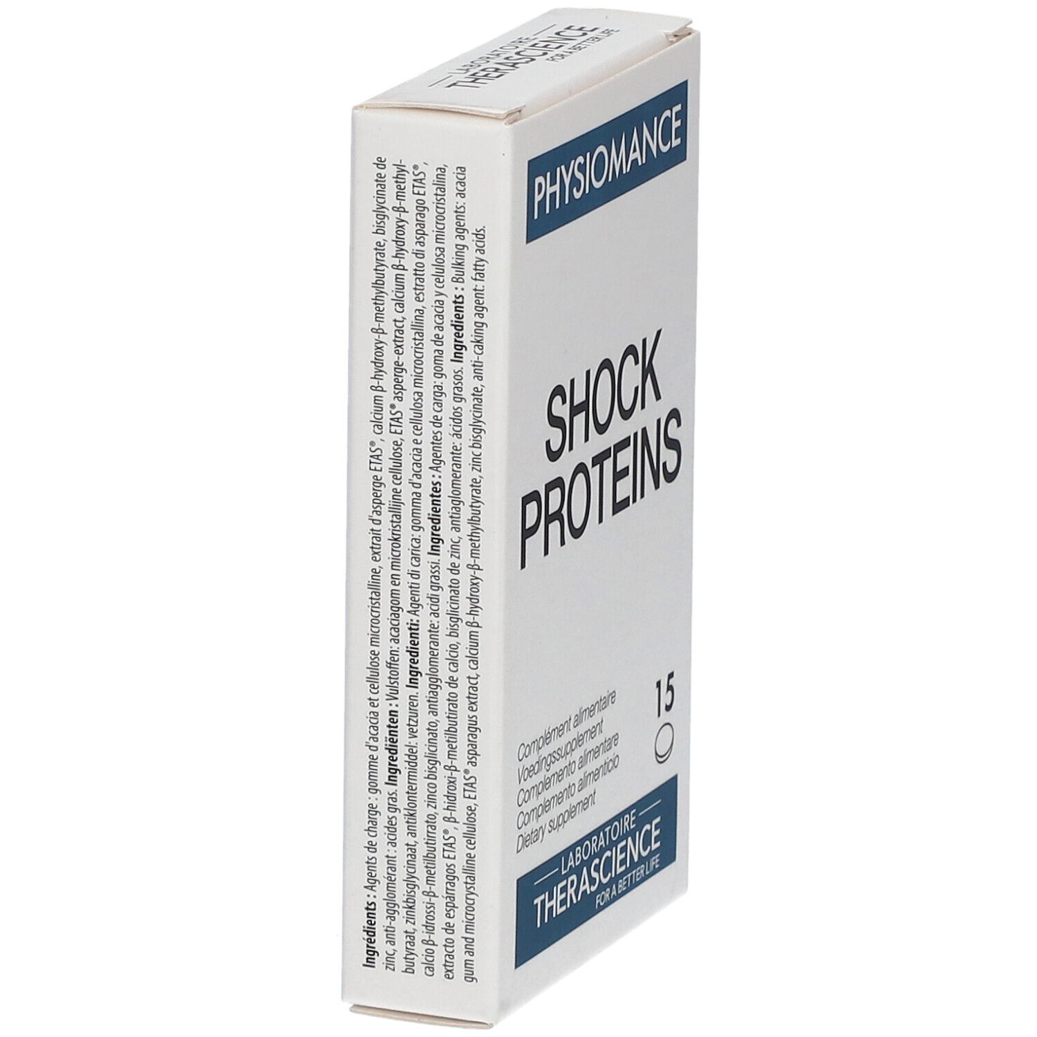 Witte doos met "PHYSIOMANCE SHOCK PROTEINS". Bevat 15 tabletten. Logo: LABORATOIRE THERASCIENCE. Tekst met ingrediënten.