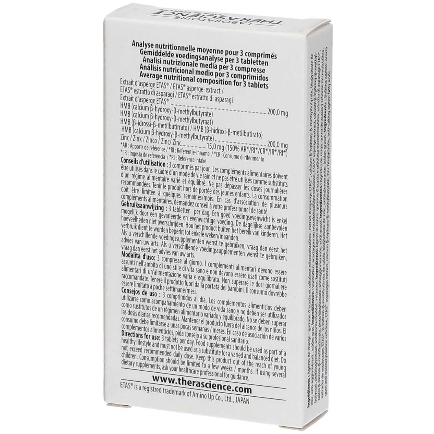 Achterkant van de witte doos. Tekst met voedingsanalyse per 3 tabletten. Logo: THERASCIENCE.