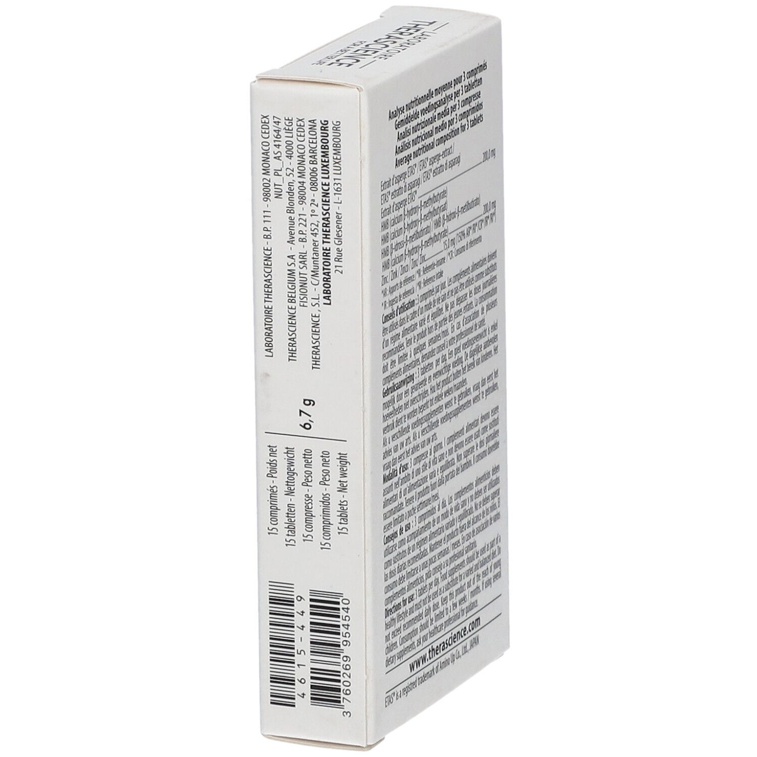 Witte doos met tekst en barcode. Bevat 15 tabletten. Logo: THERASCIENCE. Gewicht: 6,7 g.