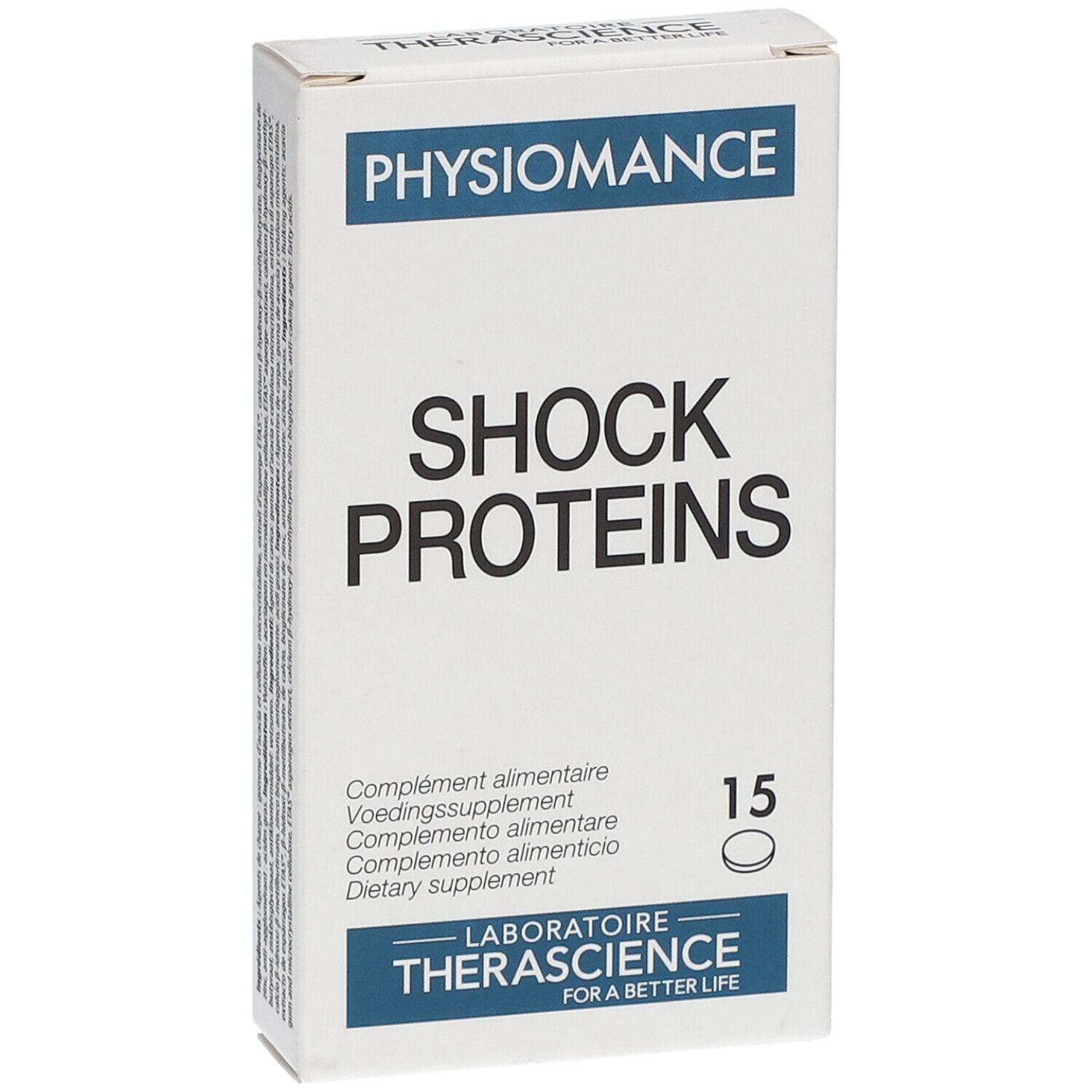 Witte doos met "PHYSIOMANCE SHOCK PROTEINS". Bevat 15 tabletten. Logo: LABORATOIRE THERASCIENCE.