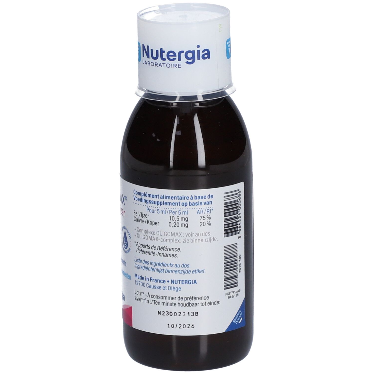 Dos d'une bouteille de liquide brun. Texte: Oligomax fer/ijzer, NUTERGIA. Liste des ingrédients.