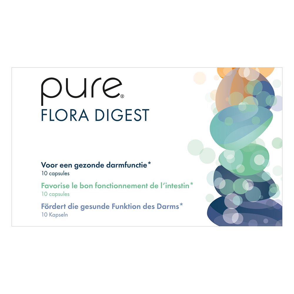 Boîte blanche avec logo « pure Flora Digest ». Texte : 10 gélules. Pour une bonne fonction intestinale. Graphique abstrait coloré.