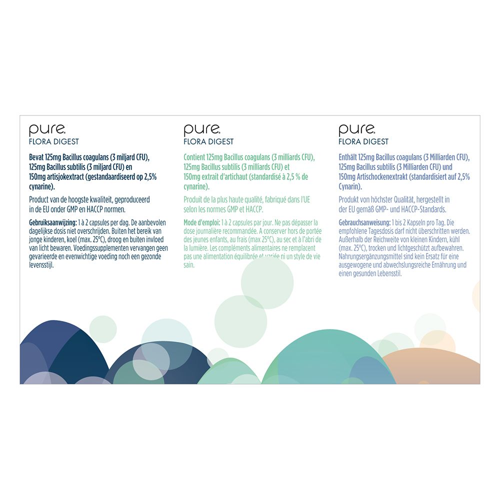 Dos de l'emballage « pure Flora Digest ». Texte en néerlandais, français et allemand. Contient des informations sur les ingrédients.