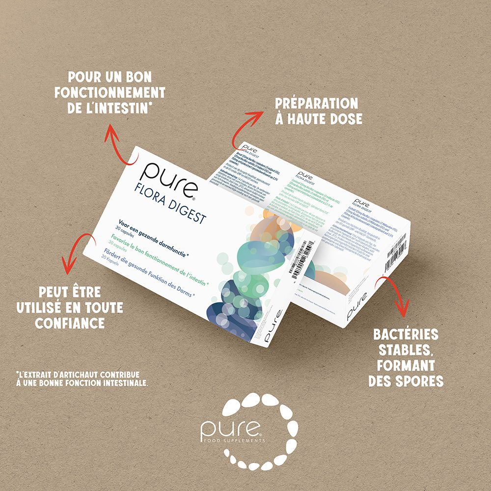 Boîte blanche avec logo « pure Flora Digest ». Texte : 10 gélules. Pour une bonne fonction intestinale. Ingrédients imprimés.