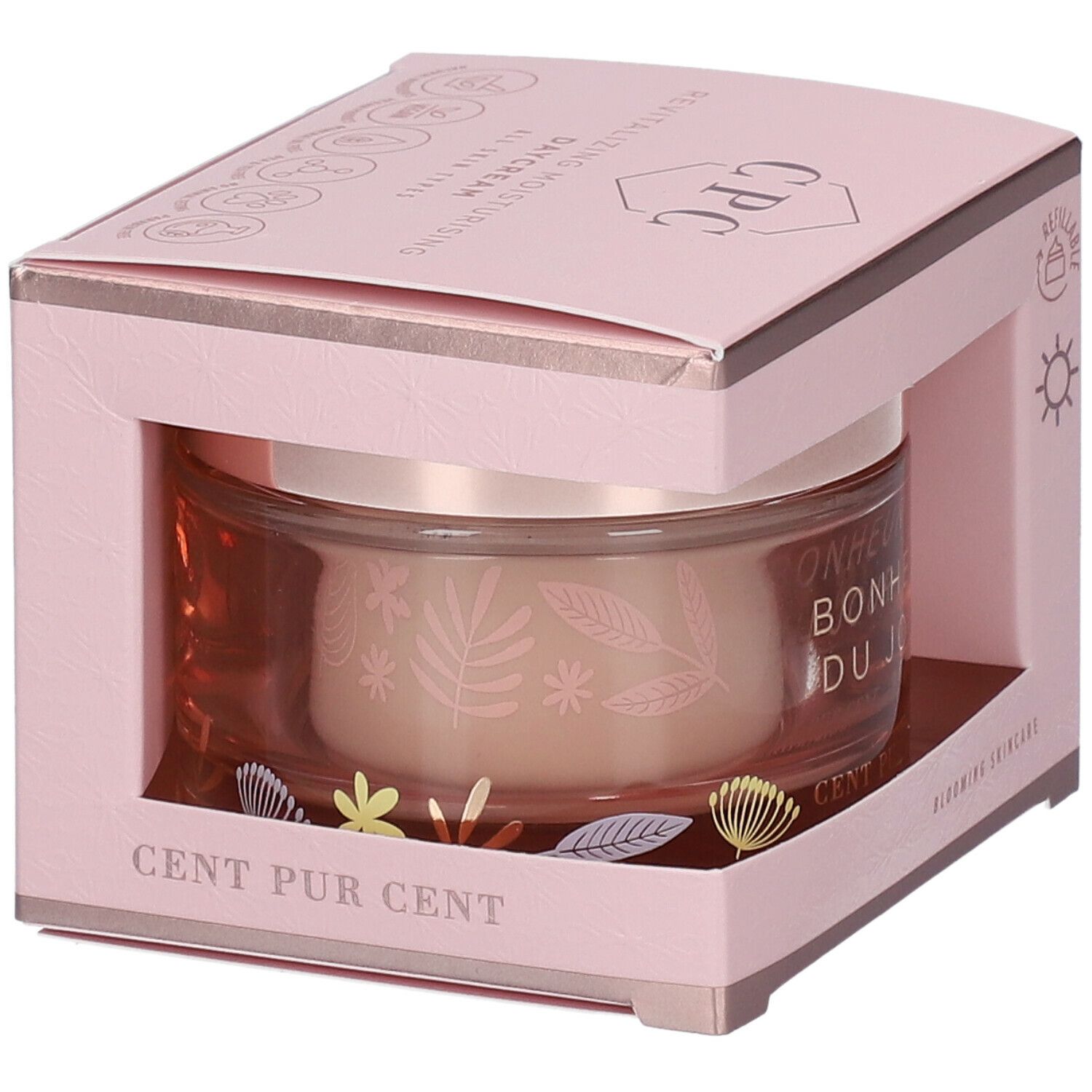 Pot de crème dans un coffret rose. Inscriptions: Bonheur du Jour, CPC, Cent Pur Cent. Coffret ouvert.