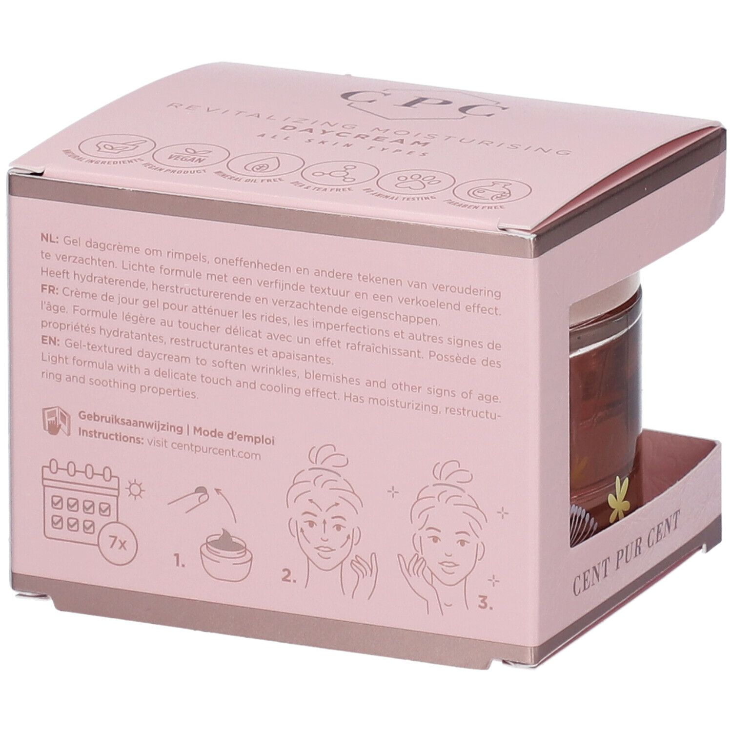 Dos du coffret rose. Texte multilingue. Illustrations d'utilisation. Inscription: Cent Pur Cent.