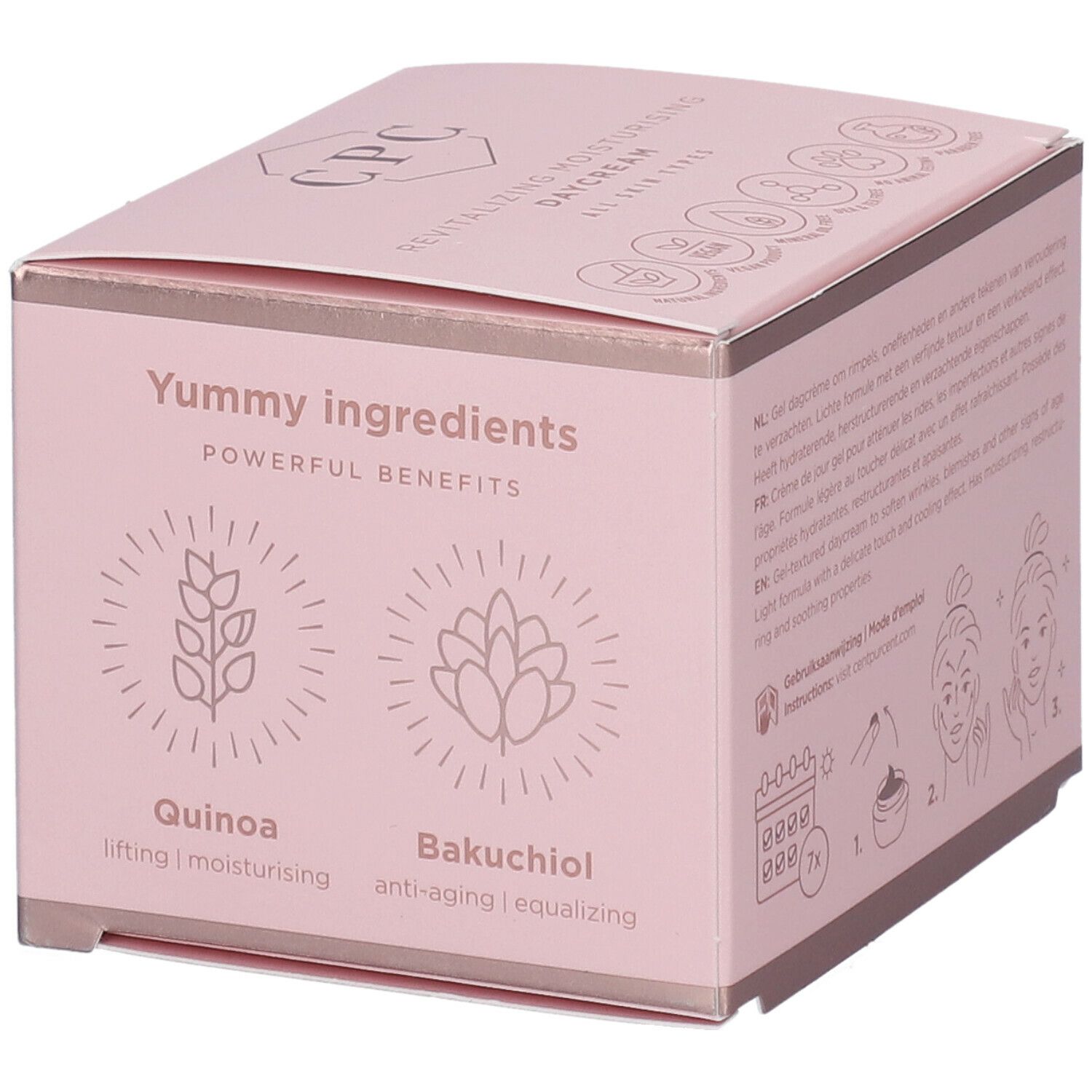 Coffret rose avec texte et illustrations. Inscriptions: Yummy ingredients, Quinoa, Bakuchiol, CPC.