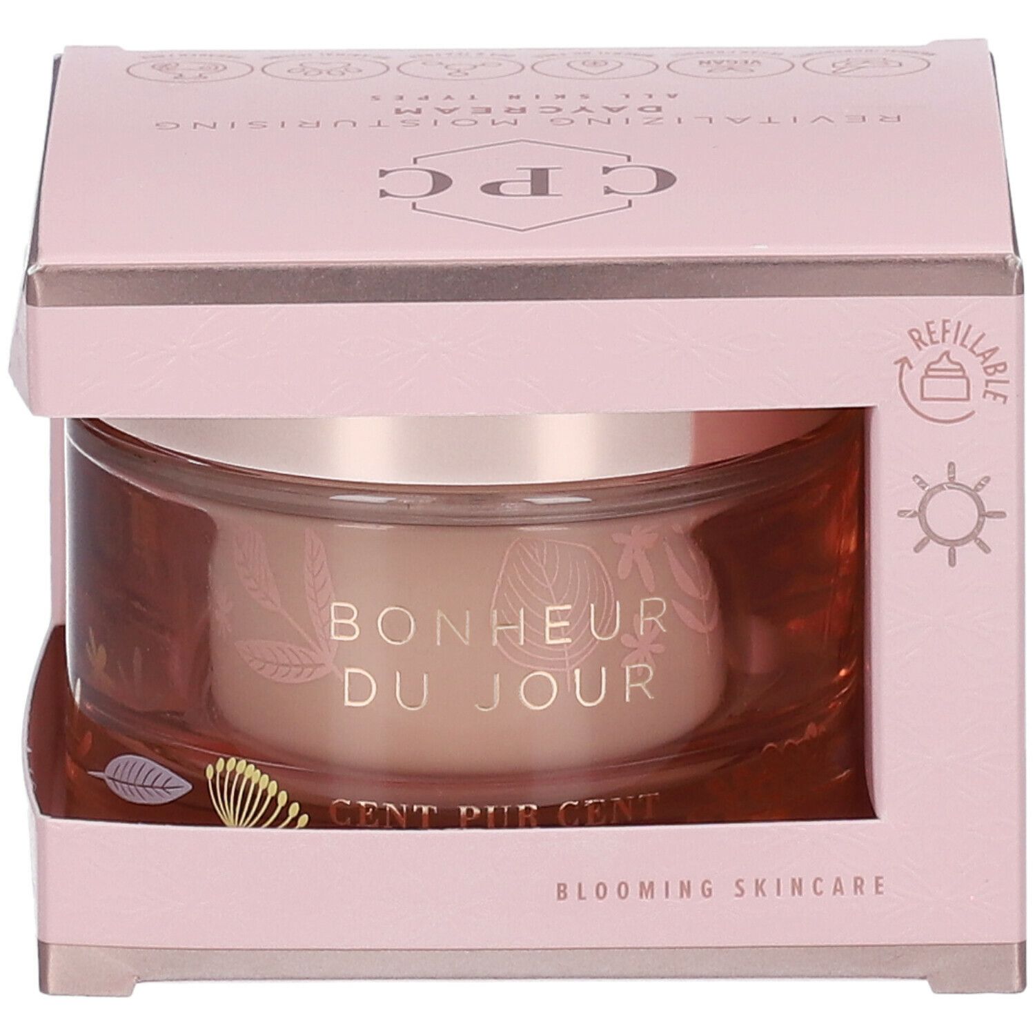 Pot de crème dans un coffret rose. Inscriptions: Bonheur du Jour, CPC, Cent Pur Cent. Coffret ouvert.
