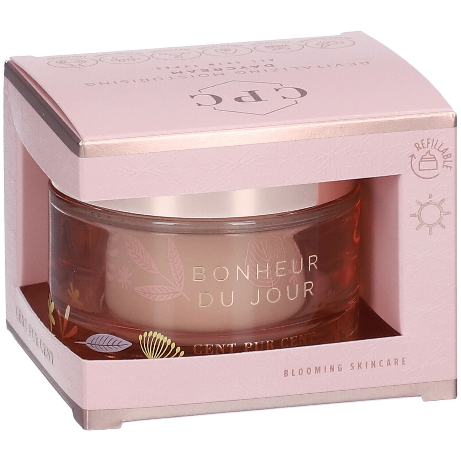 Pot de crème dans un coffret rose. Inscriptions: Bonheur du Jour, CPC, Cent Pur Cent. Coffret ouvert.