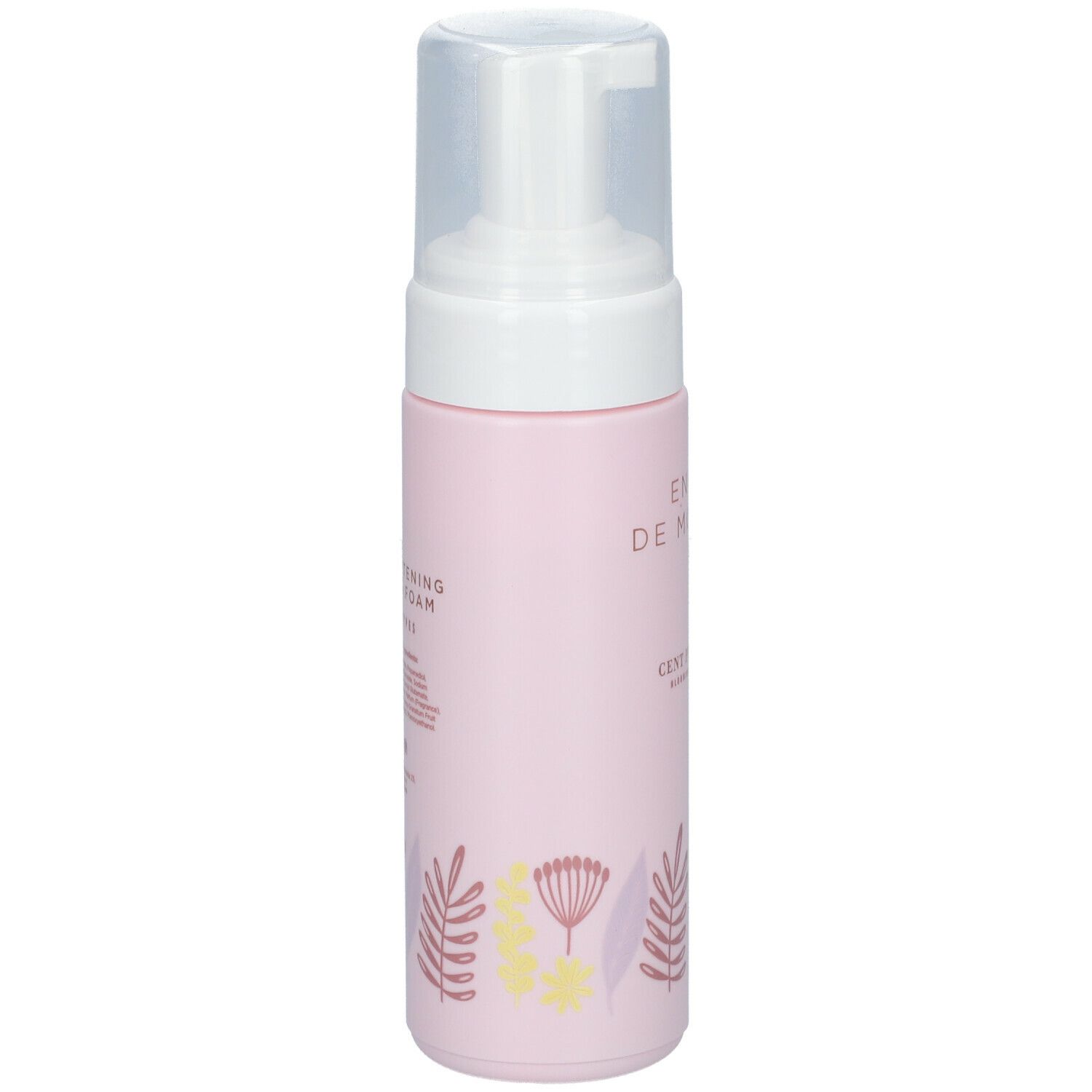 Roze fles met witte pomp. Opschrift: ENVIE DE MOUSSE, CENT PUR CENT. Bloemenmotieven.