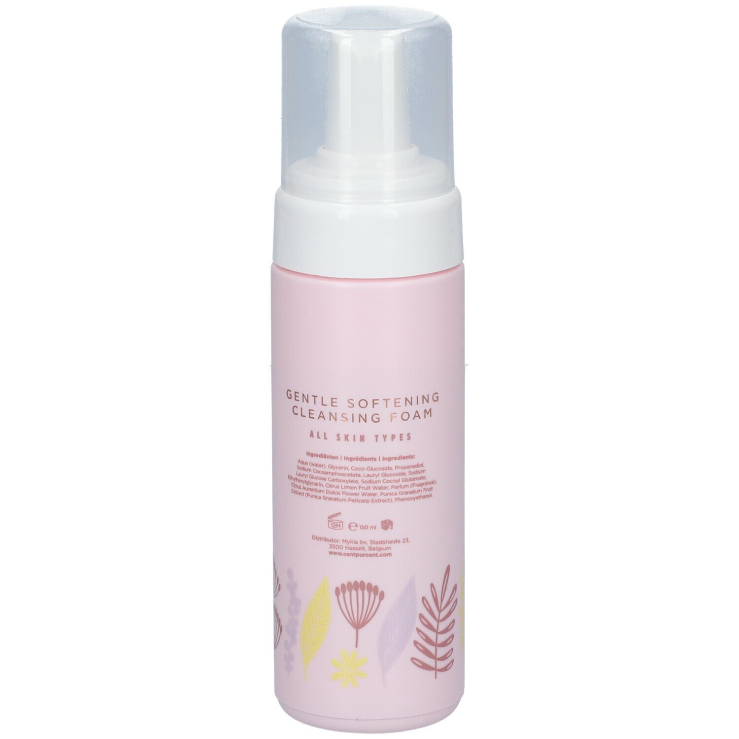 Roze fles met witte pomp. Opschrift: GENTLE SOFTENING CLEANSING FOAM. Voor alle huidtypen. Ingrediënten.