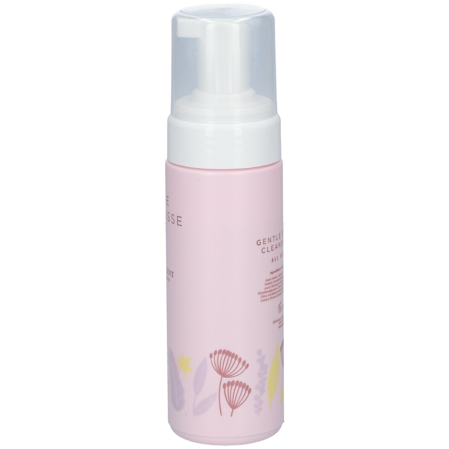 Roze fles met witte pomp. Opschrift: GENTLE CLEANSING FOAM. Bloemenmotieven.