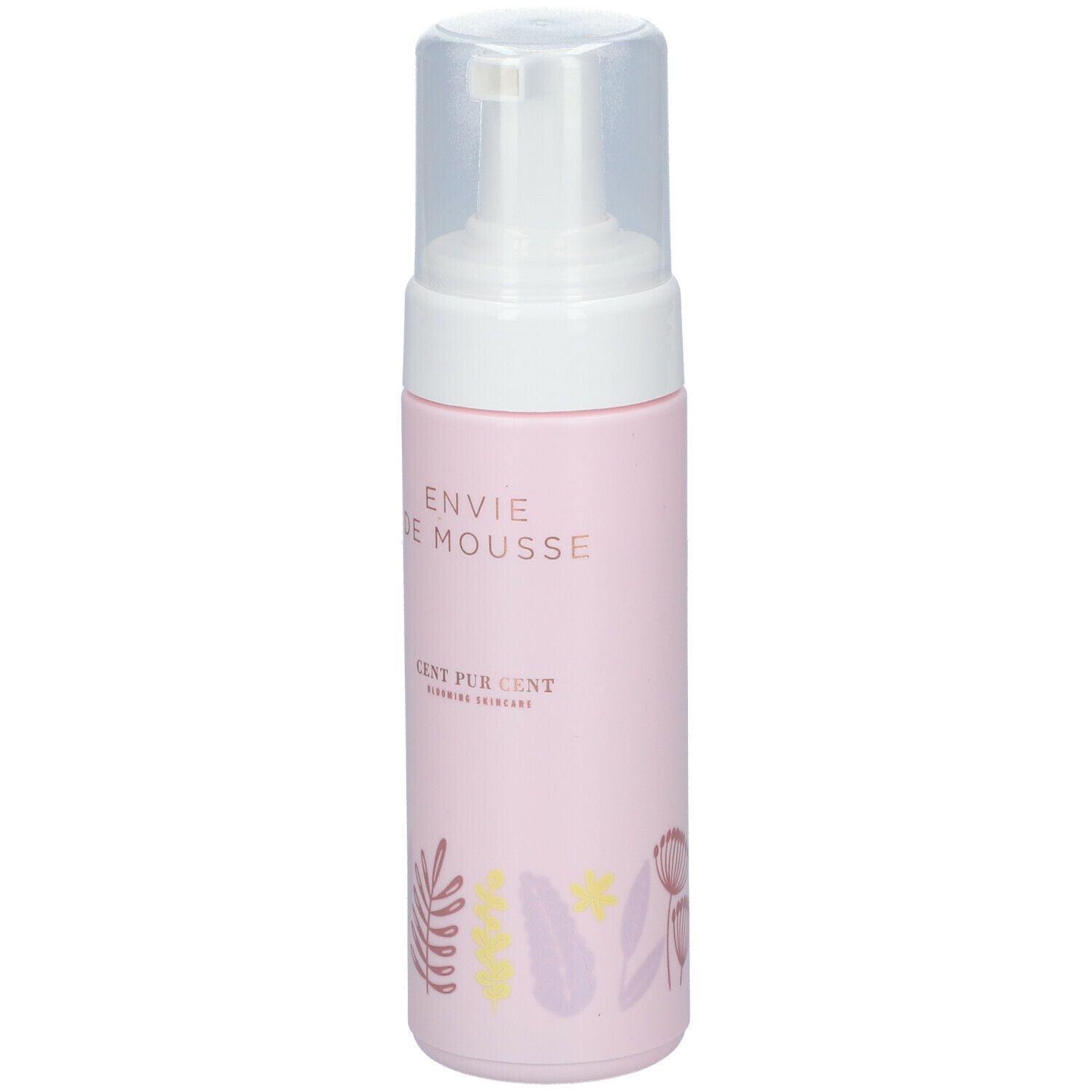 Roze fles met witte pomp. Opschrift: ENVIE DE MOUSSE, CENT PUR CENT. Bloemenmotieven.