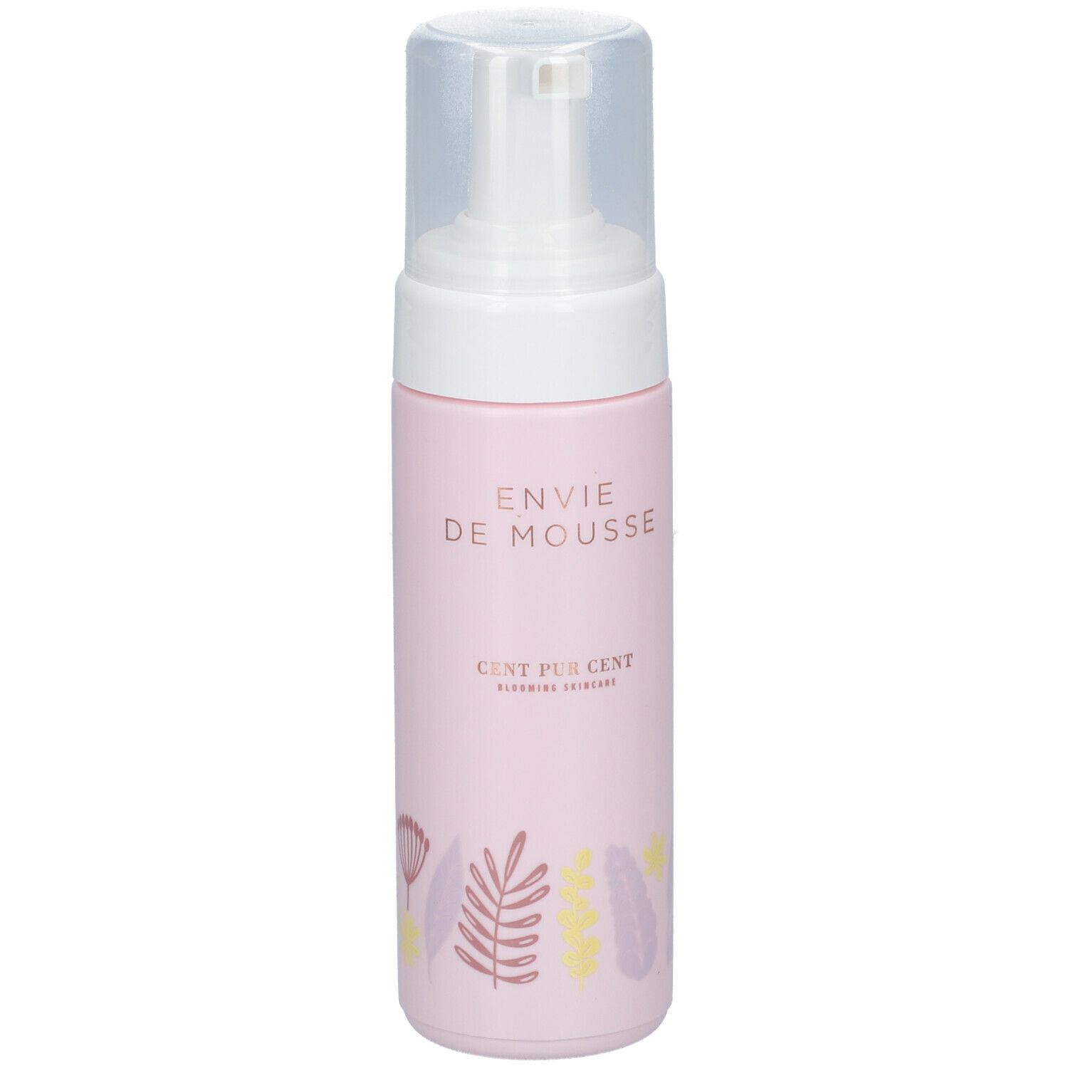 Roze fles met witte pomp. Opschrift: ENVIE DE MOUSSE, CENT PUR CENT. Bloemenmotieven.