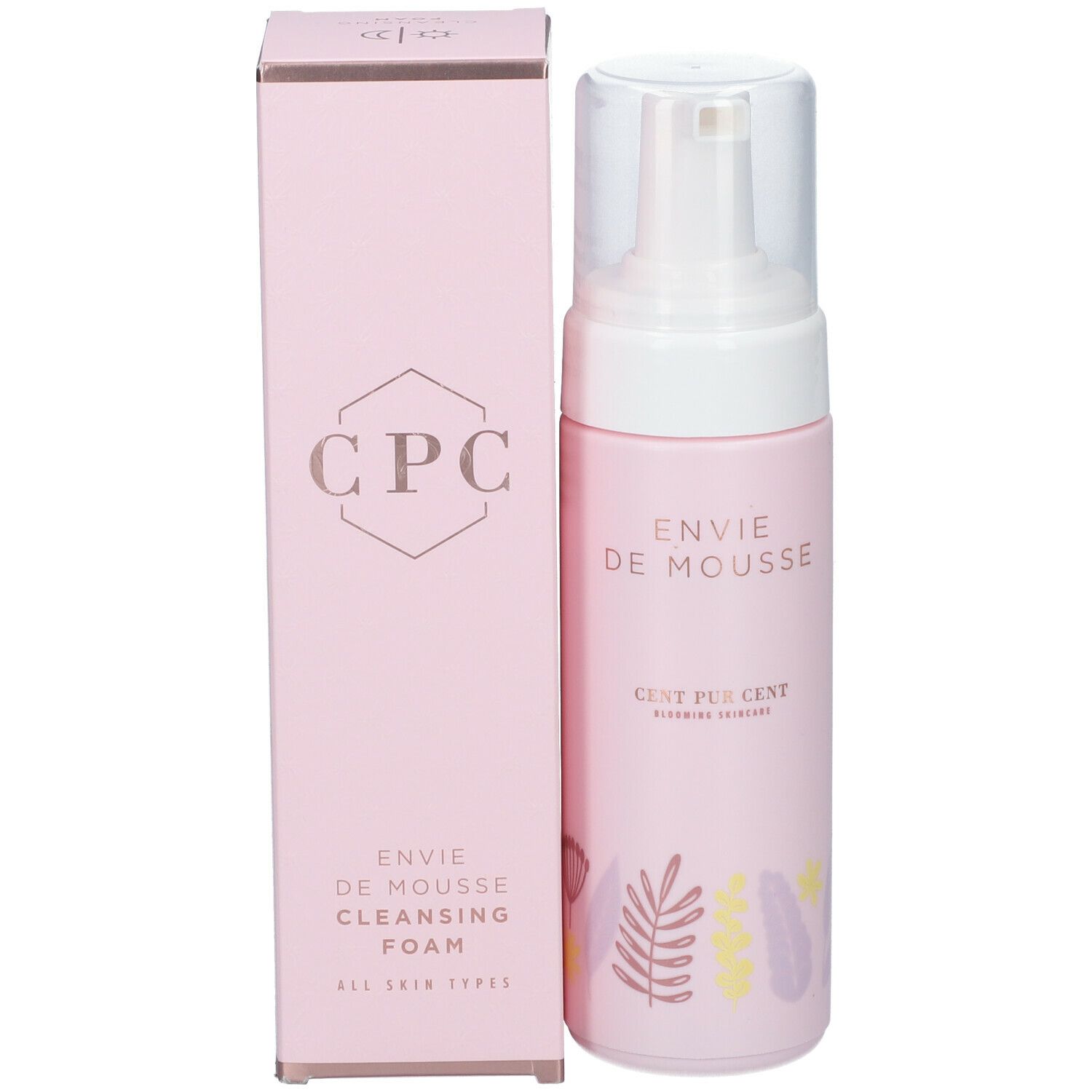 Roze fles met witte pomp en roze verpakking. Opschrift: CPC, ENVIE DE MOUSSE, CLEANSING FOAM.