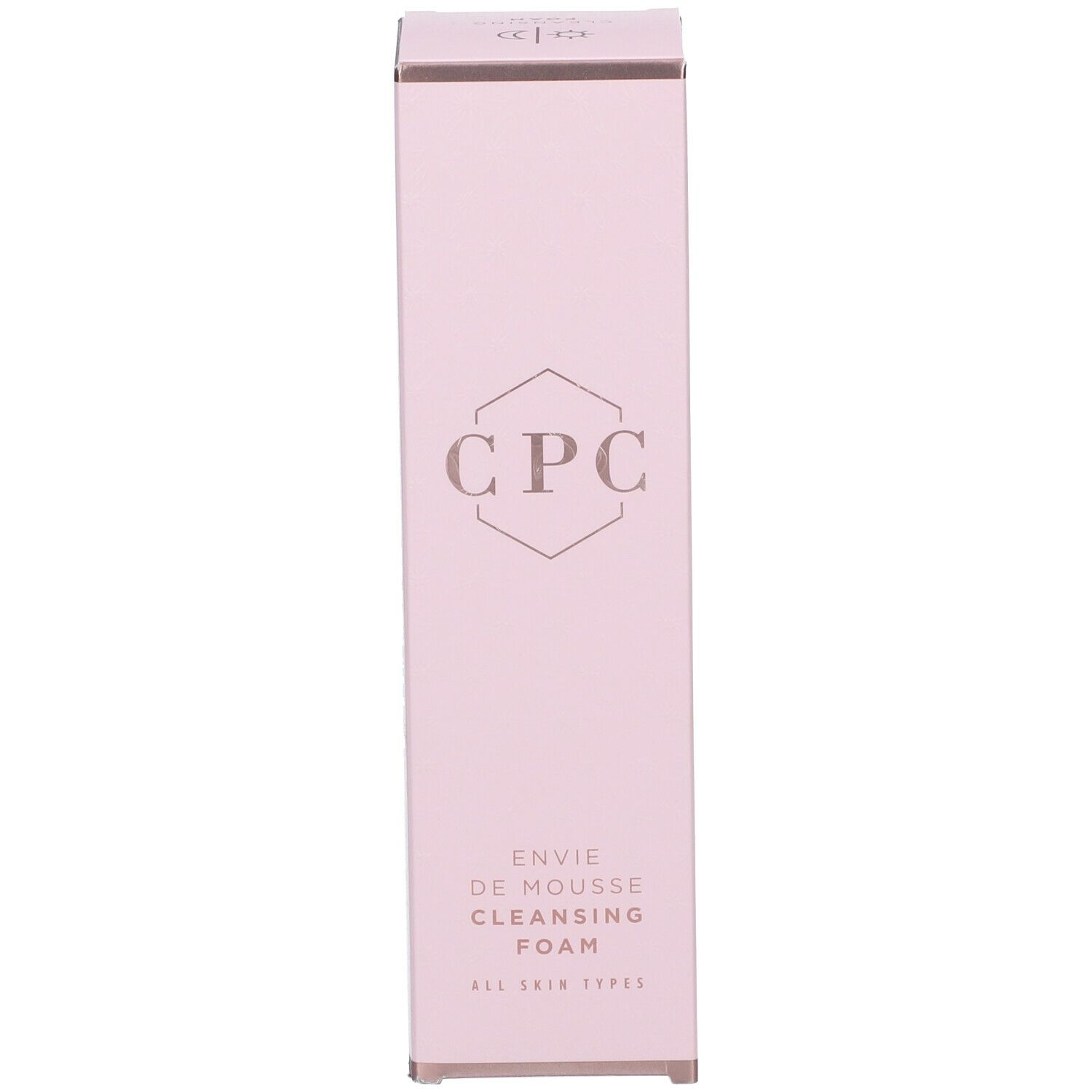 Roze verpakking met opschrift: CPC, ENVIE DE MOUSSE, CLEANSING FOAM.
