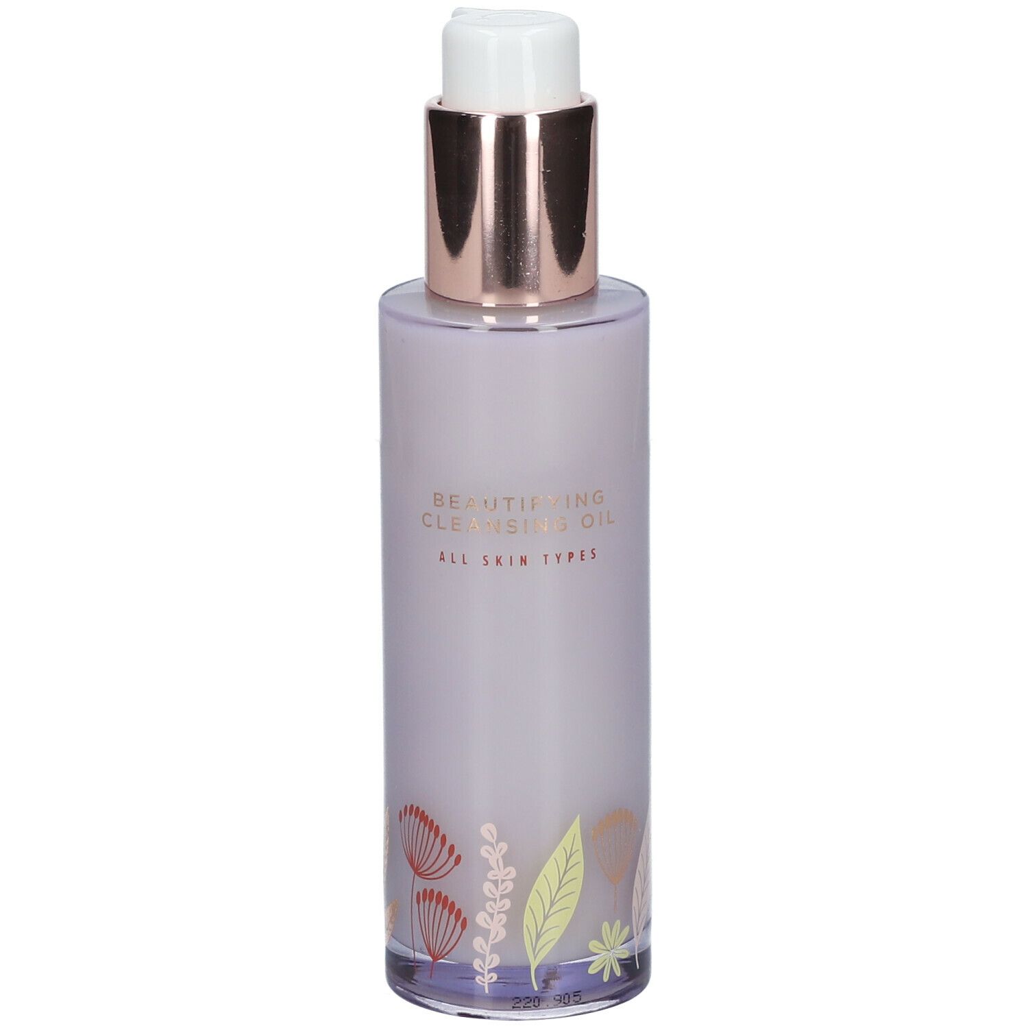 Fles reinigingsolie. Lila glas, gouden pomp. Tekst: Beautifying Cleansing Oil, All Skin Types.