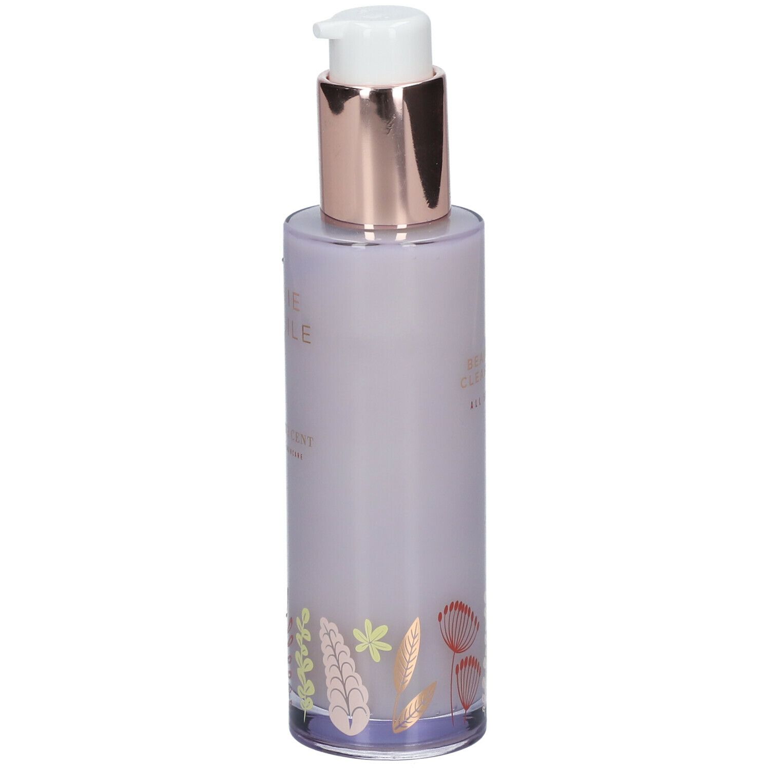 Fles reinigingsolie. Lila glas, gouden pomp. Bloemen decoratie. Tekst: Envie d'huile, Cent Pur Cent.