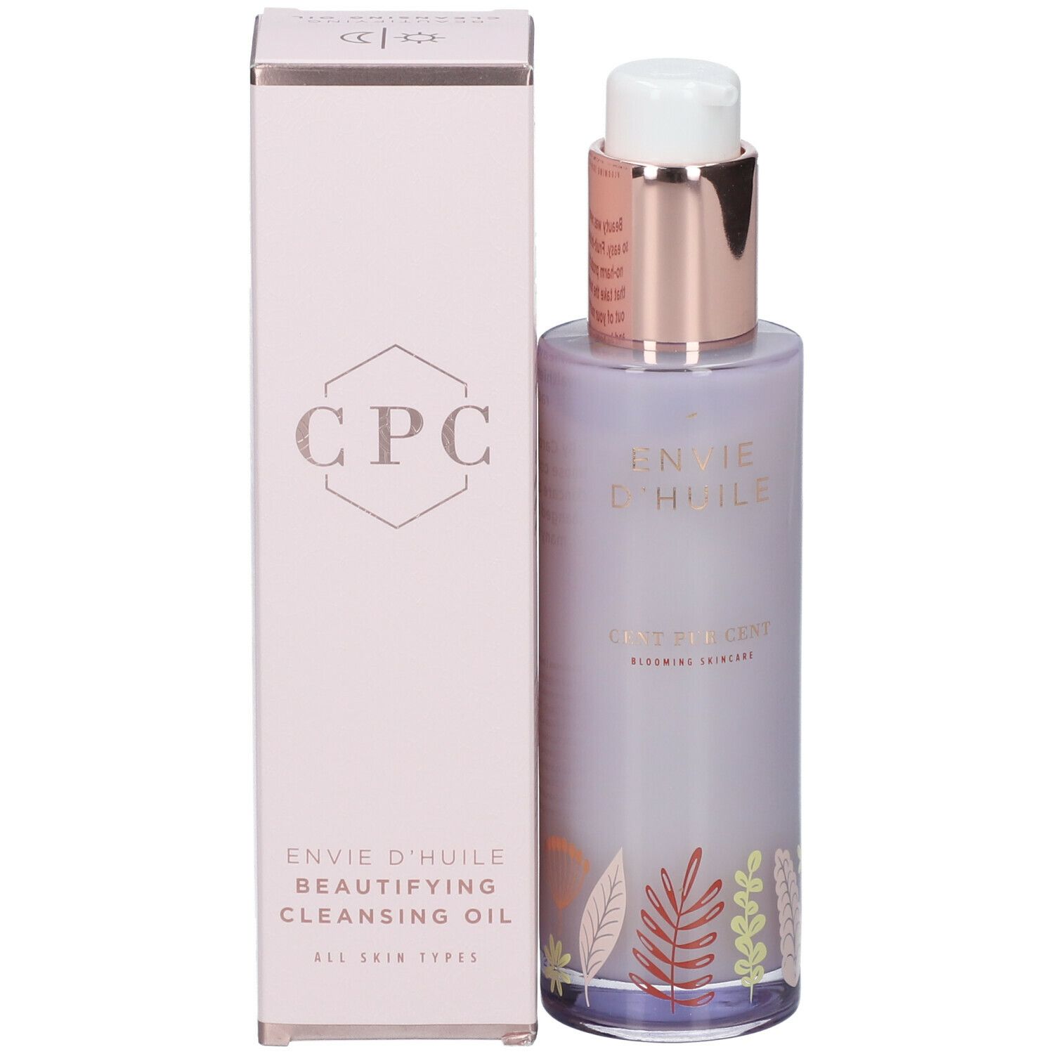 Productverpakking. Fles en doos. Fles: lila glas, gouden pomp. Tekst: CPC, Envie d'huile, Cleansing Oil.