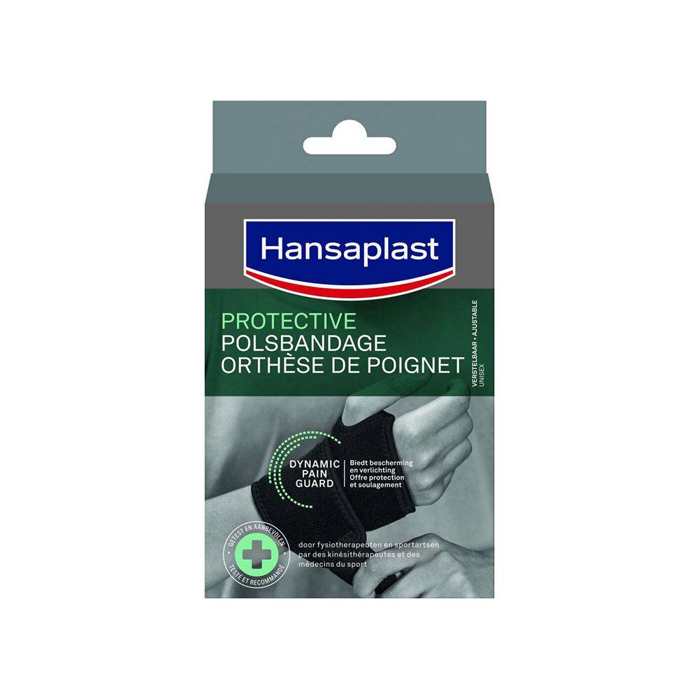 Hansaplast Protective Orthèse de Poignet. Bandage noir pour poignet, en emballage. Logo et nom du produit visibles.