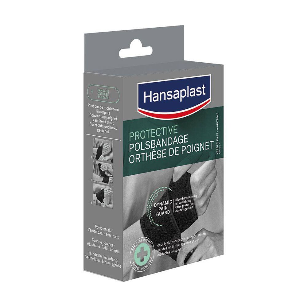 Hansaplast Protective Orthèse de Poignet. Orthèse en emballage. Nom du produit et logo visibles.