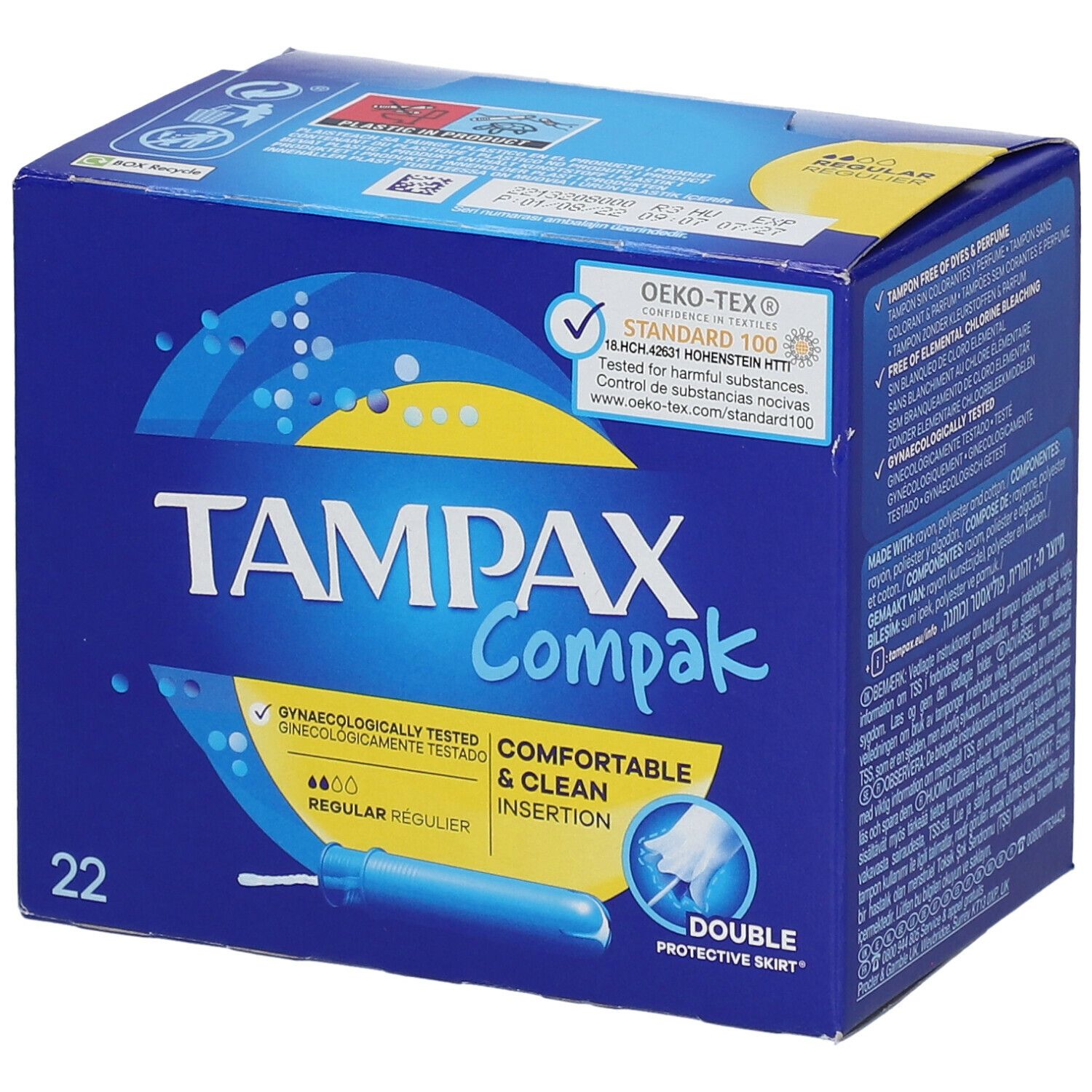 Boîte bleue et jaune 'Tampax Compak Regular'. 22 unités. Avec label 'Oeko-Tex'. 'Testé gynécologiquement'.