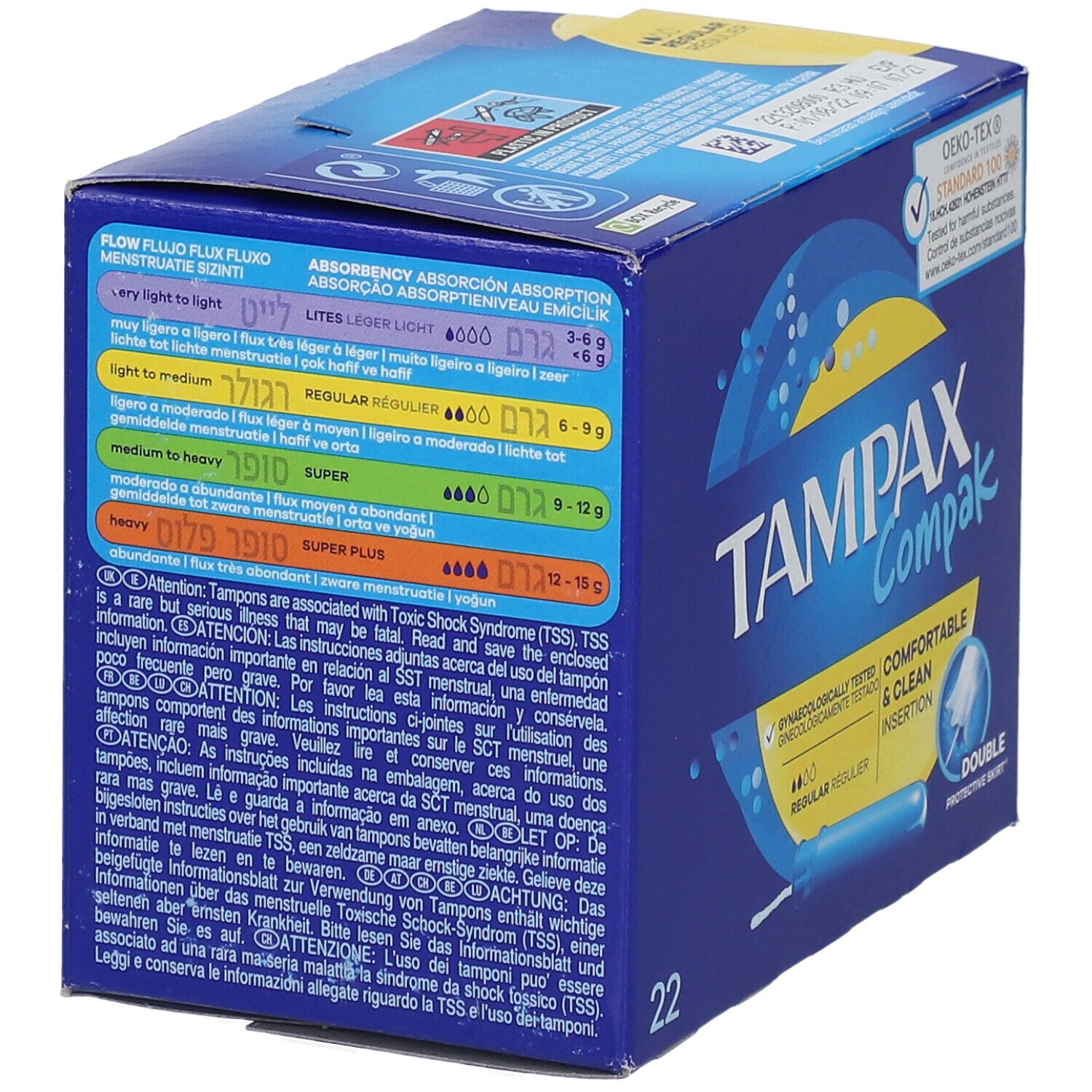 Dos de la boîte 'Tampax Compak'. Informations sur l'absorption et avertissements. 22 unités. Bleu et jaune.