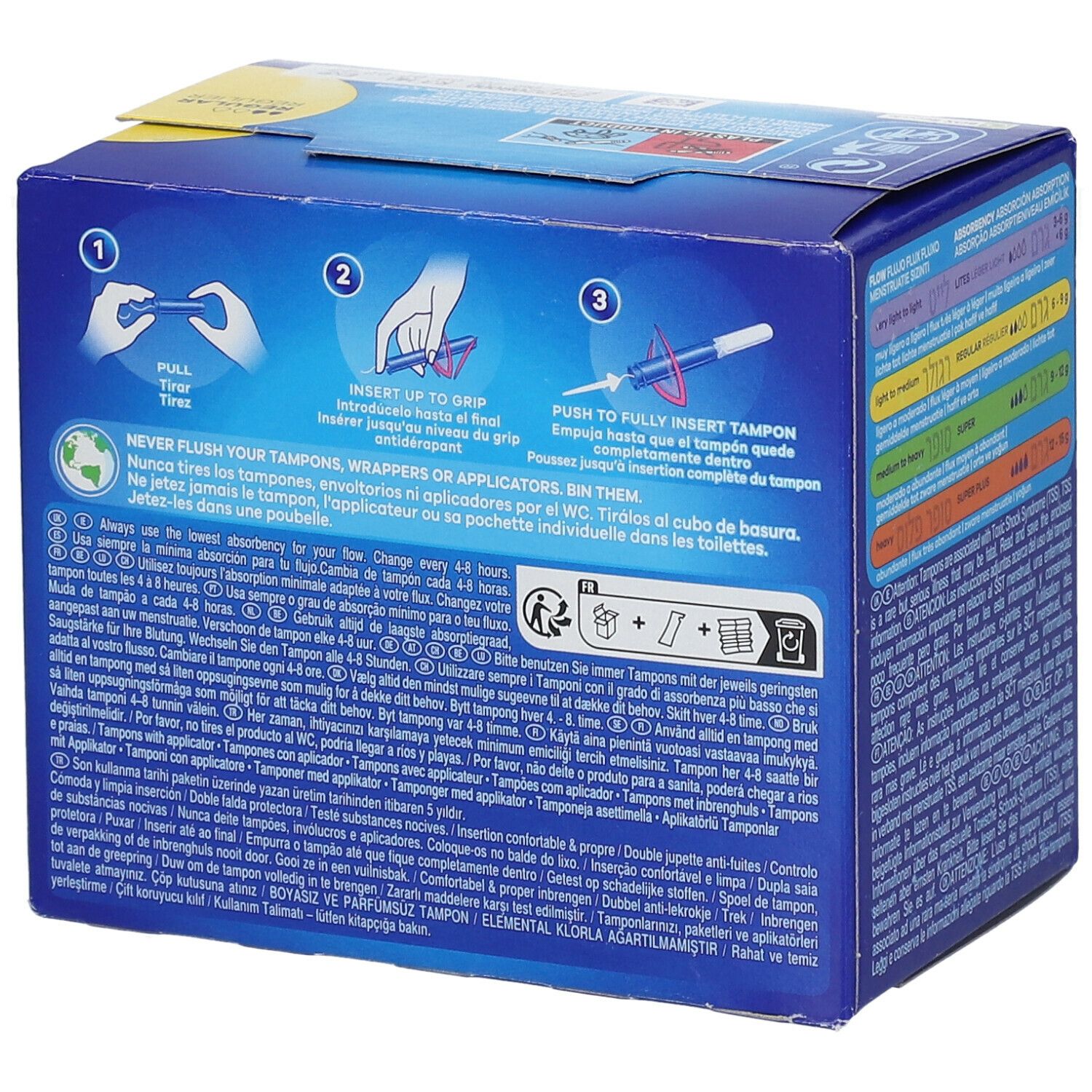 Instructions d'utilisation 'Tampax Compak'. Trois étapes. Emballage bleu et jaune. Texte multilingue.
