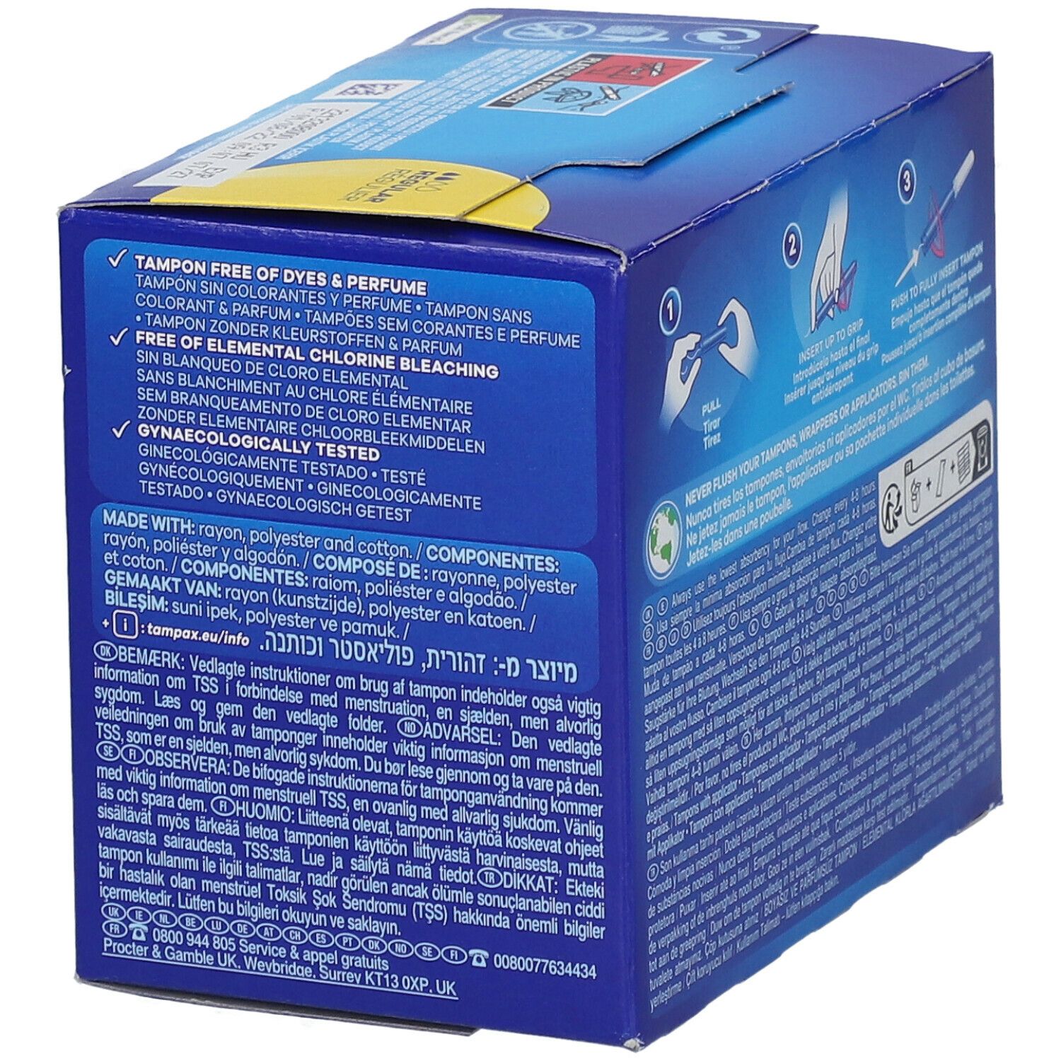Dos de la boîte 'Tampax Compak'. Informations ingrédients et avertissements. Bleu et jaune.
