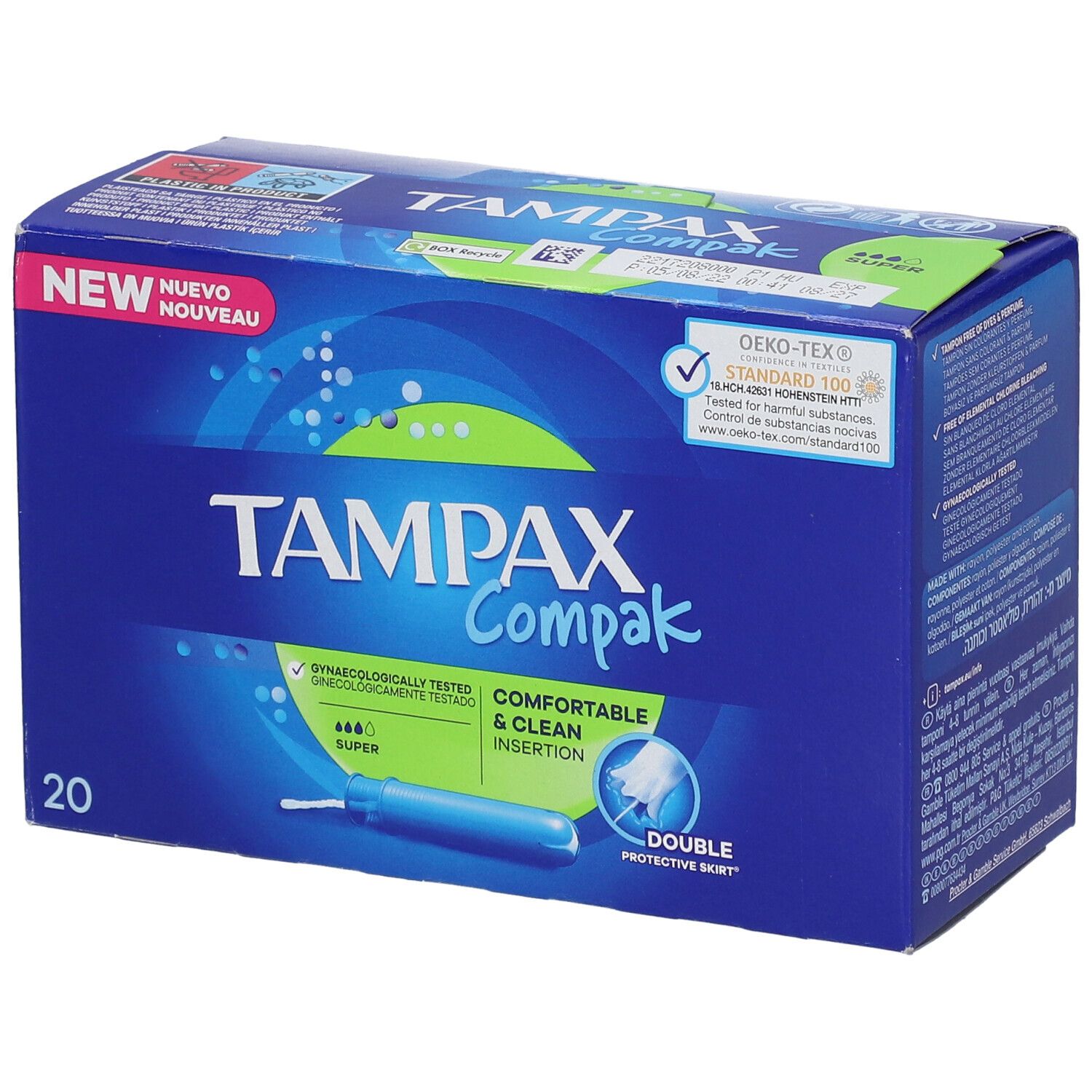 Blauw-witte doos TAMPAX Compak. 20 stuks. Links boven: NEW. Rechtsboven: Oeko-Tex-certificering. Onder: productafbeelding.