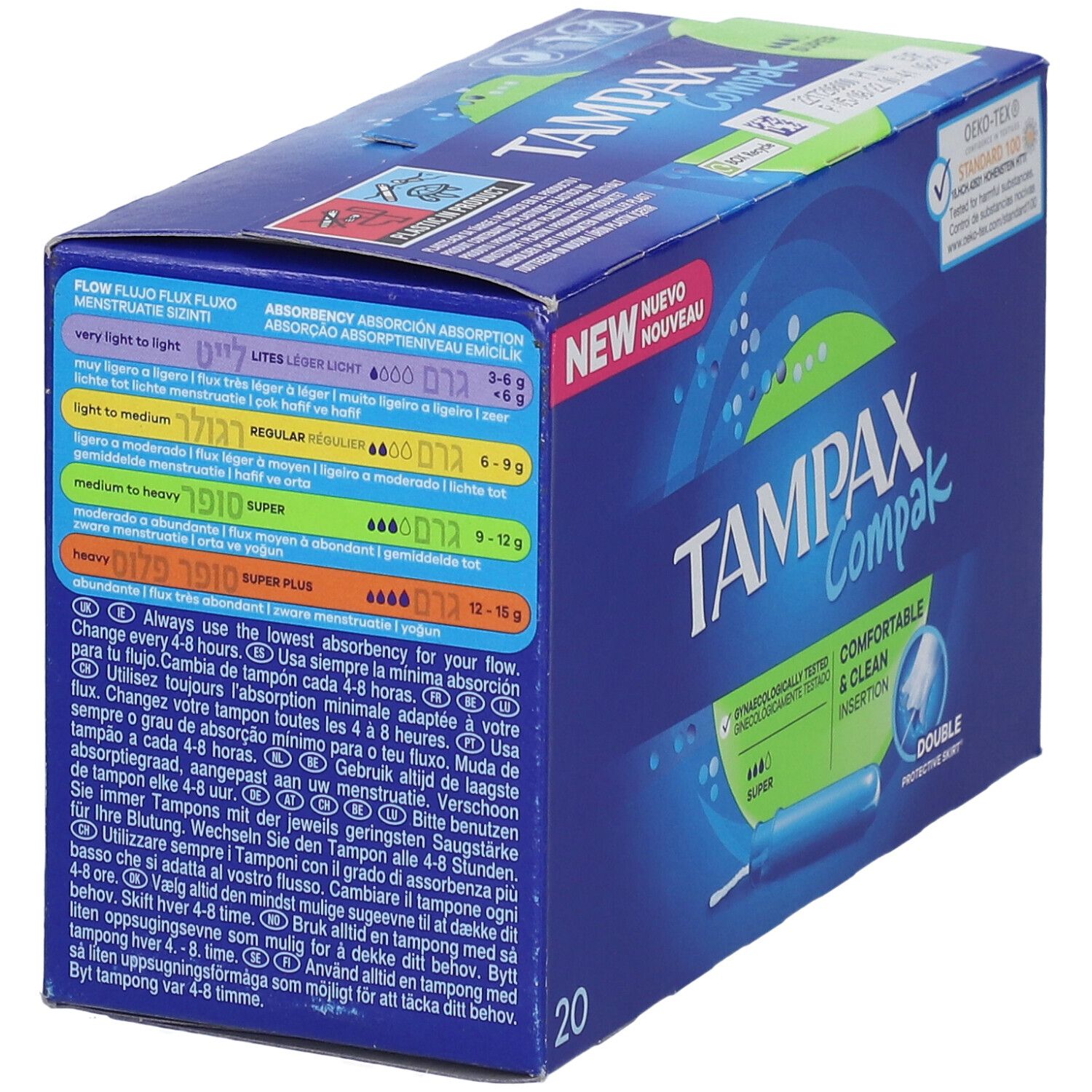Blauwe doos TAMPAX Compak. Boven: NEW. Rechtsboven: Oeko-Tex. Opdruk: flux. 20 stuks. Productafbeelding met applicator.